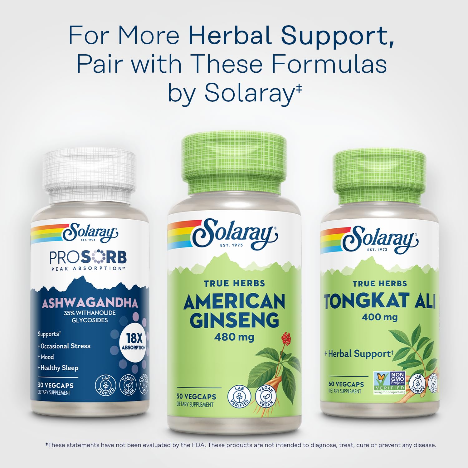 SOLARAY ginseng américain, emballage PCR écologique réduisant l'impact environnemental.