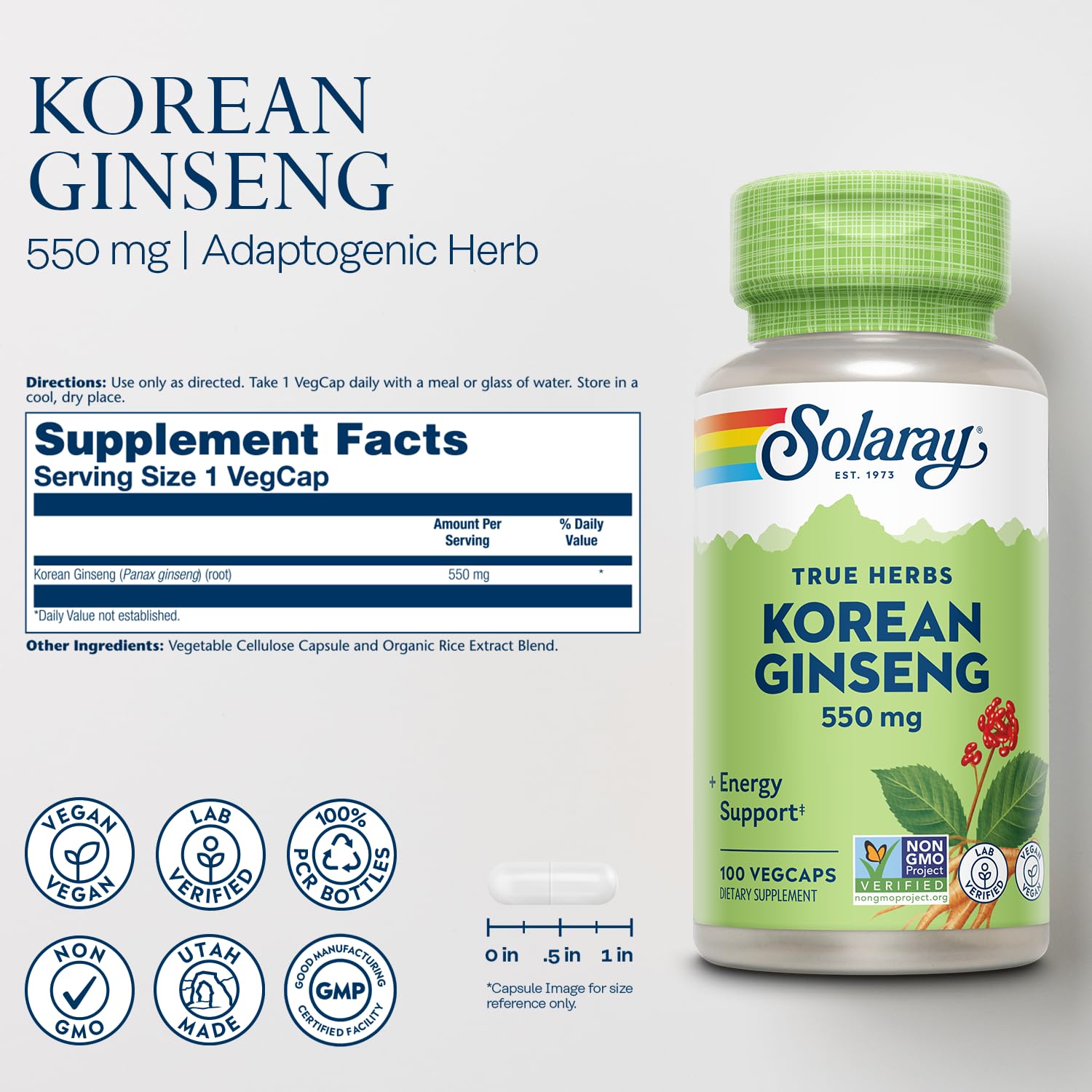 SOLARAY Ginseng Coréen 550 mg – gélules véganes pour énergie et endurance