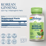 SOLARAY Ginseng coréen 550 mg – Bouteille arrière, informations essentielles et posologie.