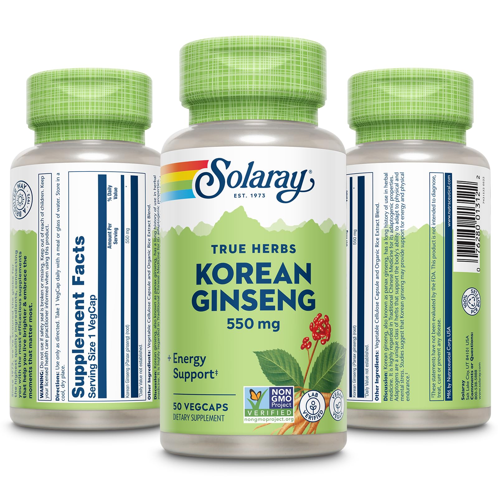 SOLARAY Ginseng coréen 550 mg – Capsules véganes, pratiques pour les routines quotidiennes.