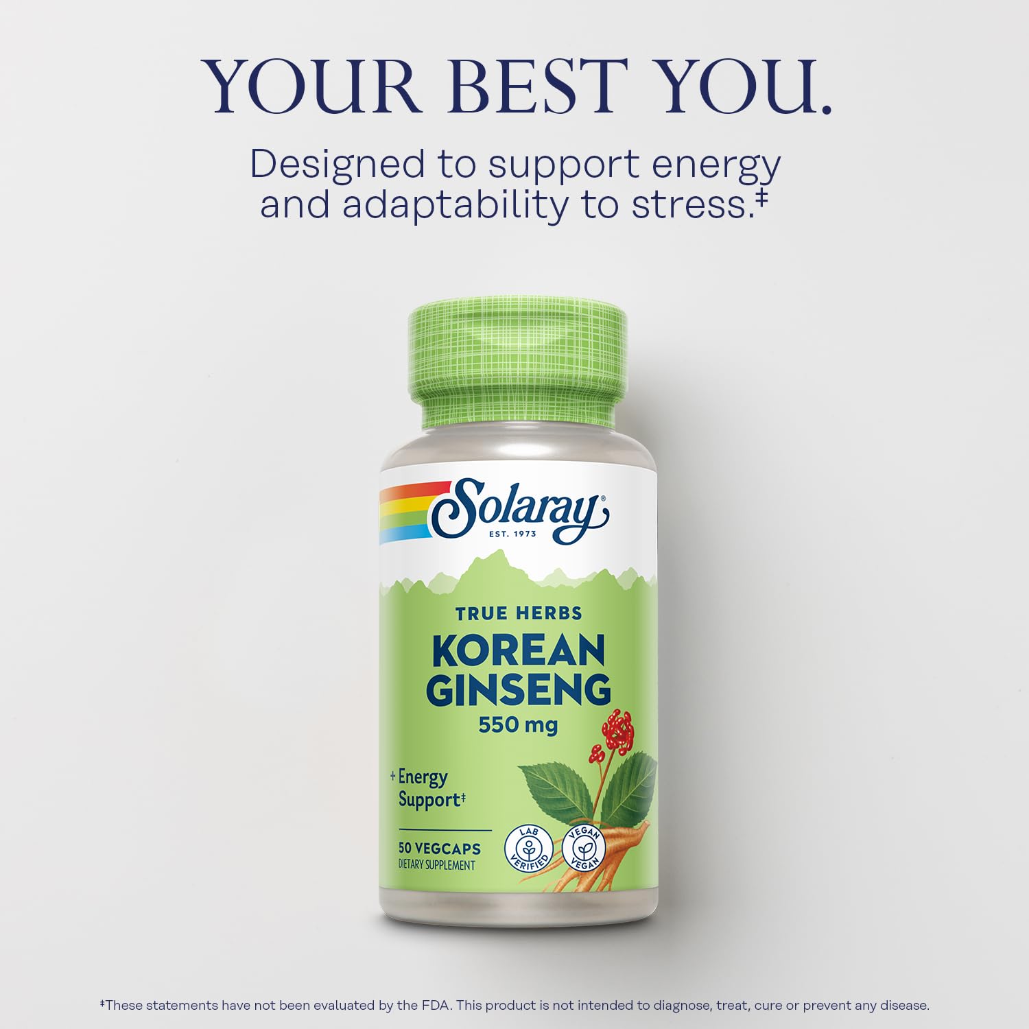 SOLARAY Ginseng coréen 550 mg – Étu i emballage, option écoresponsable et recyclable.