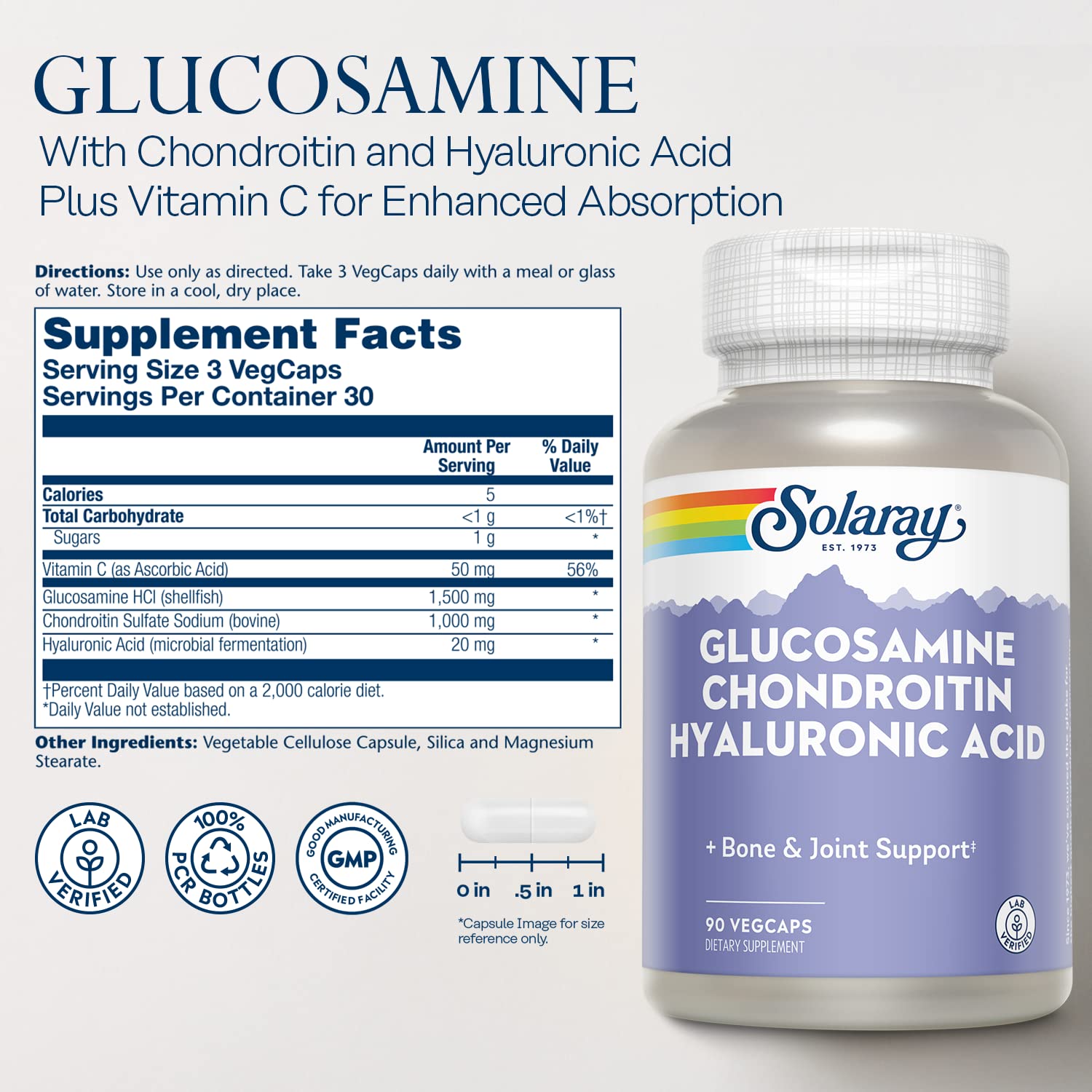 SOLARAY glucosamine-chondroitine-acide-hyaluronique capsules: prise simple et mobilité soutenue.