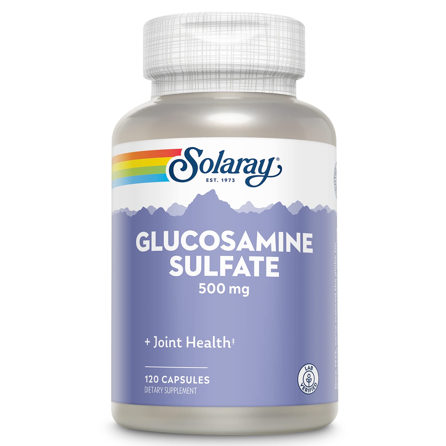 SOLARAY Glucosamine sulfate 500 mg : boîte d'emballage, soutien potentiel à la flexibilité articulaire.