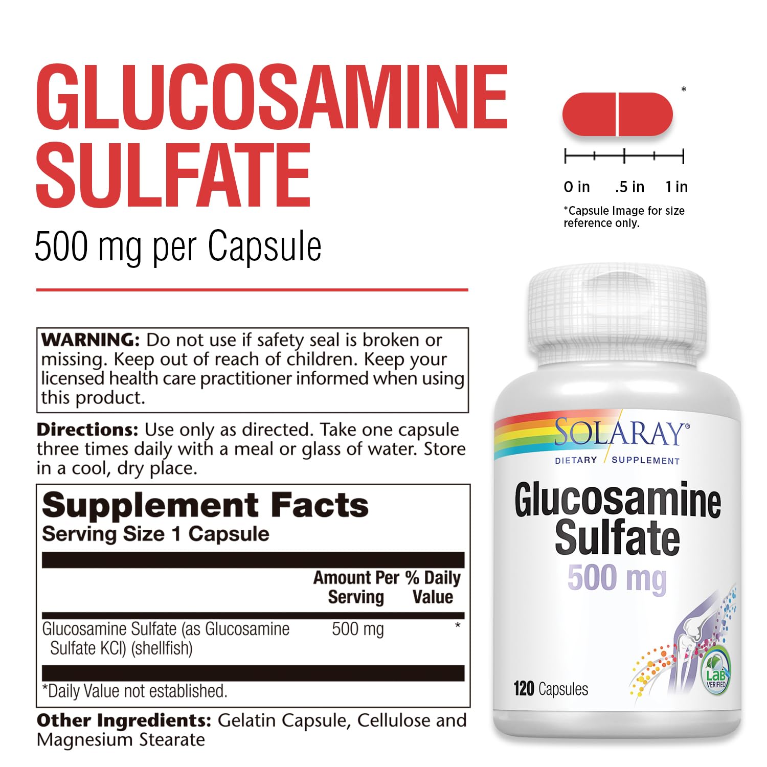 SOLARAY Glucosamine sulfate 500 mg : étiquette lisible, assure la traçabilité et pureté potentielle.