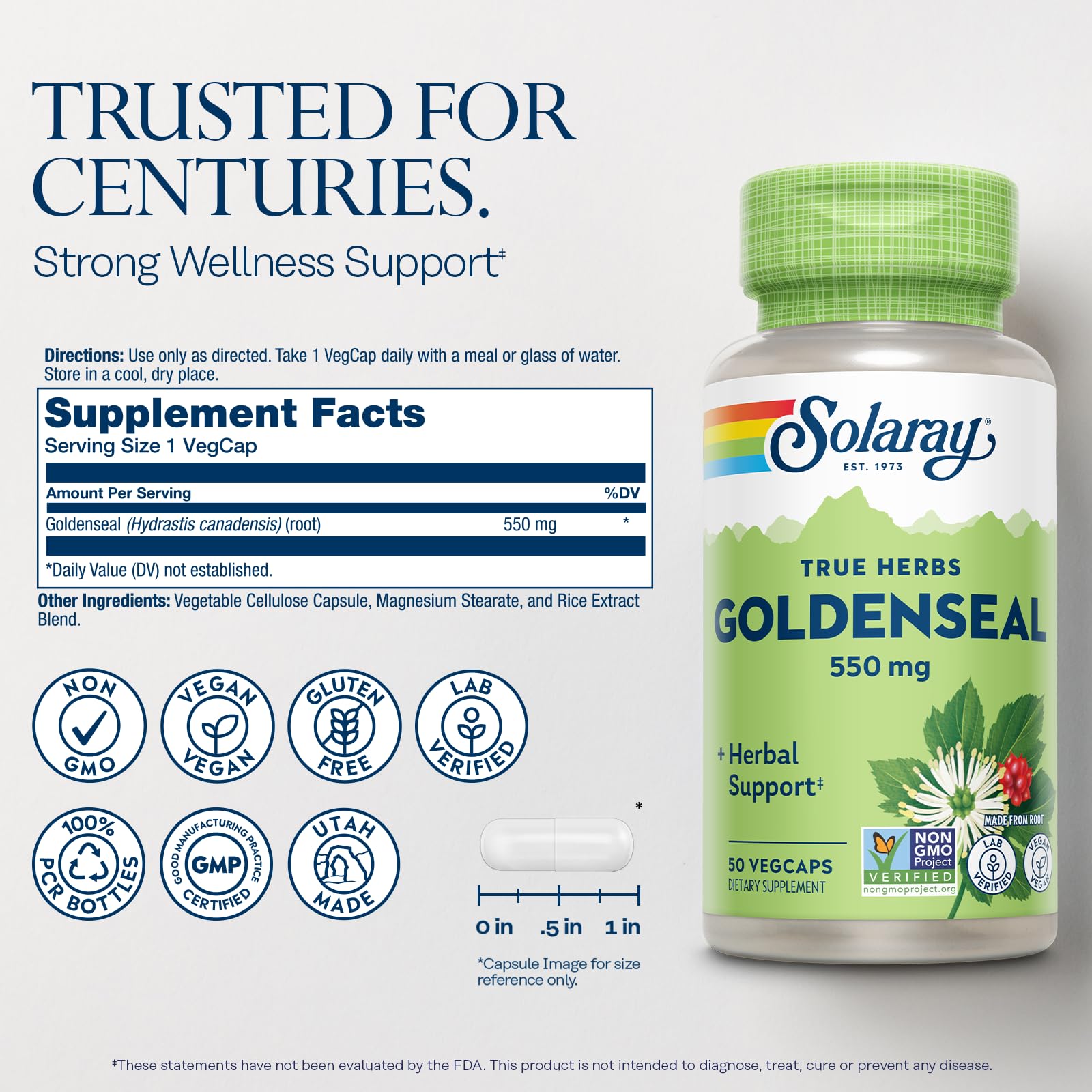 SOLARAY Goldenseal: boîte de 50 capsules végétariennes, pratique et prête à l'emploi.