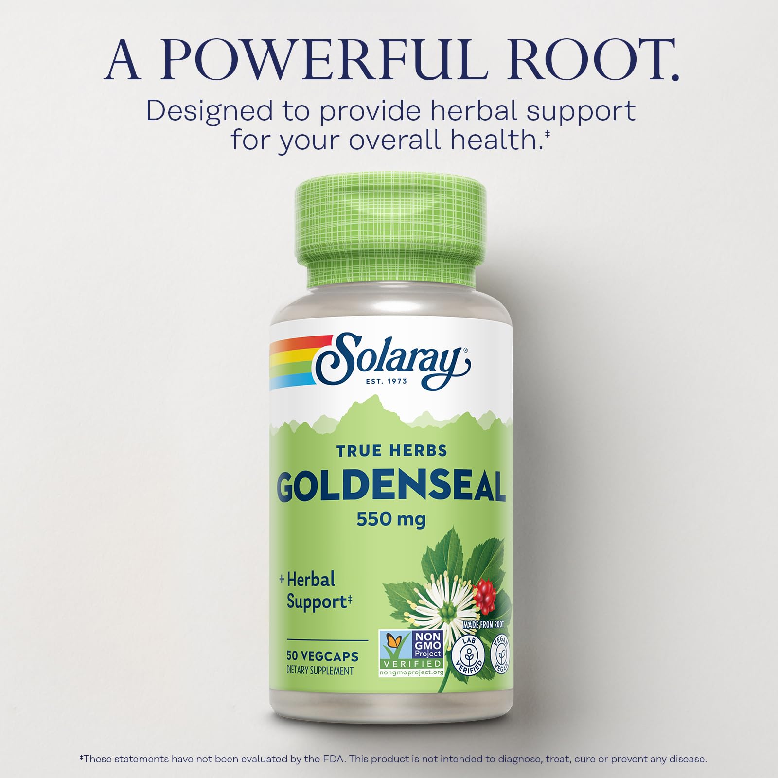 Étiquette SOLARAY Goldenseal présentant les informations sur les ingrédients clés.
