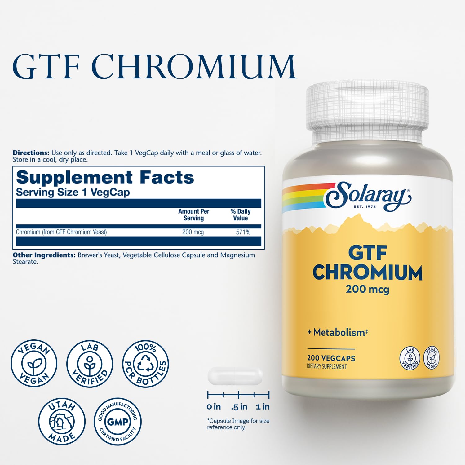 Solaray GTF Chromium 200mcg bouteille, format pratique pour prise quotidienne.