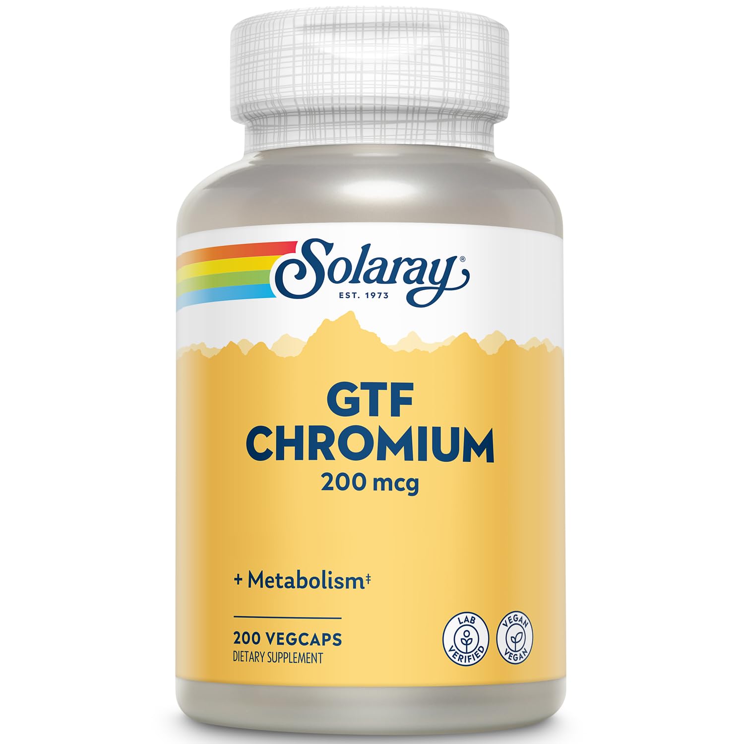 Solaray GTF Chromium 200mcg capsules, soutien potentiel au métabolisme et énergie durable.