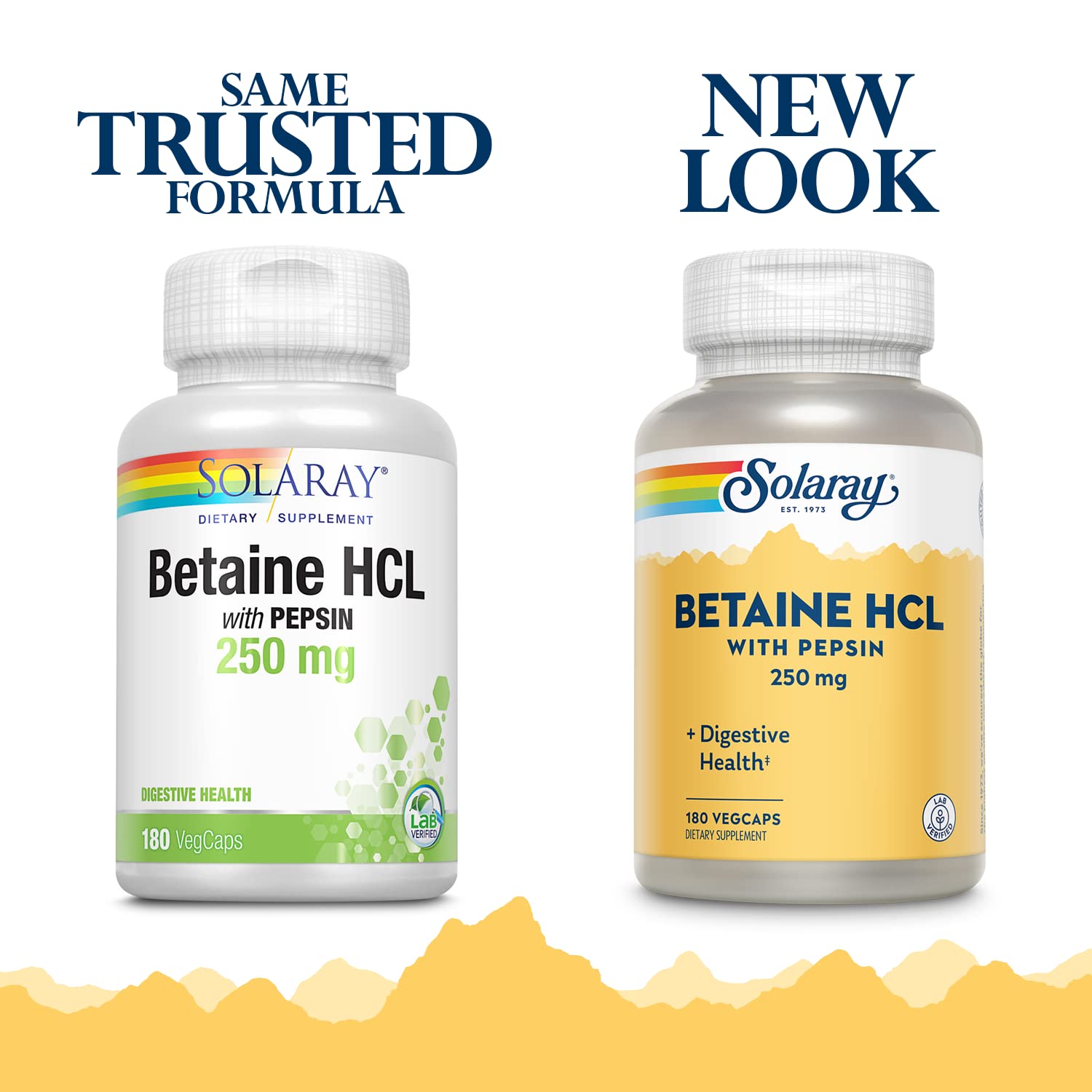 SOLARAY HCl avec pepsin, étiquette indiquant ingrédients clés et dosage.