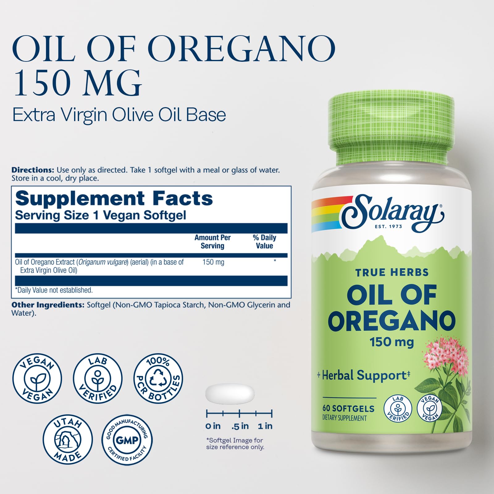 SOLARAY gélules d'origan sur un flacon avec étiquette lisible.