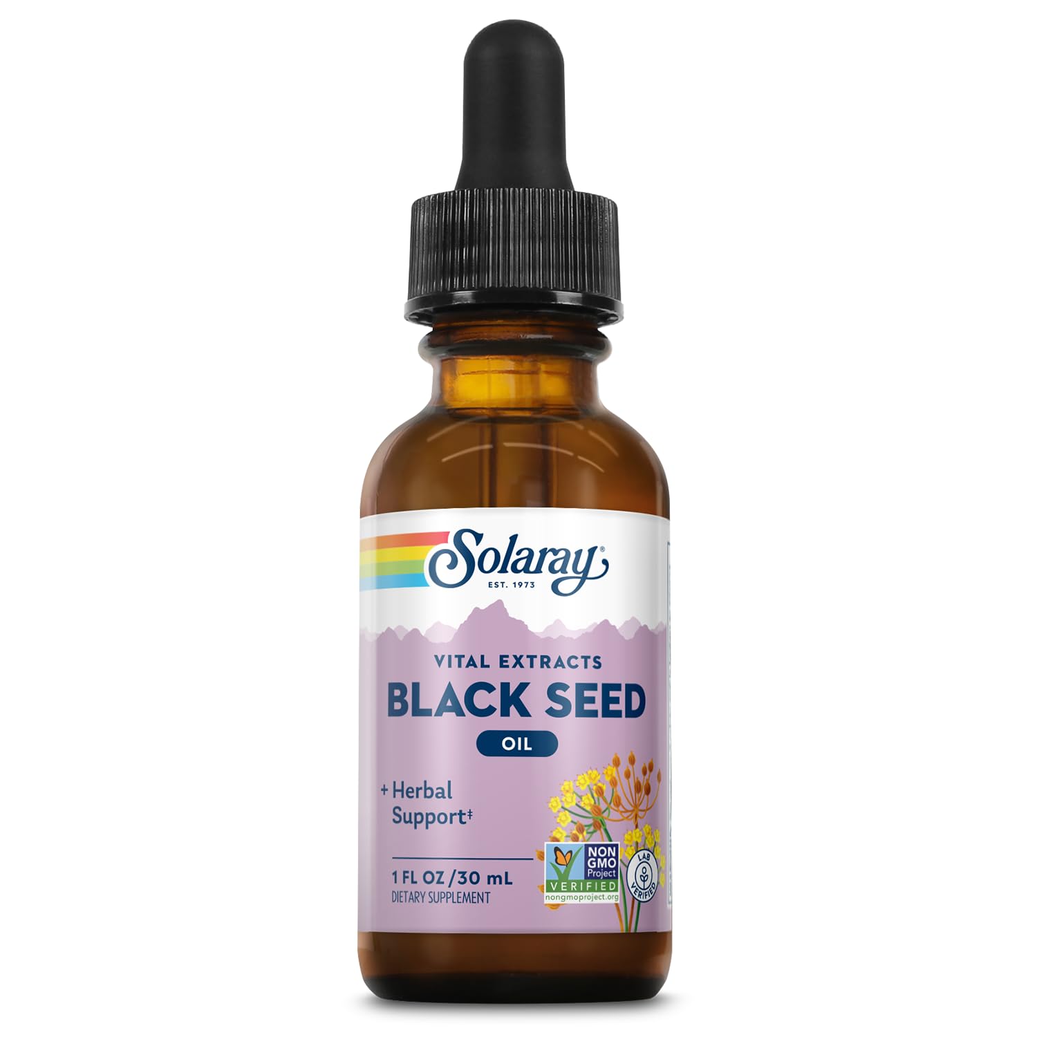 SOLARAY huile de nigelle flacon en gros plan pour beauté cheveux et éclat de la peau.