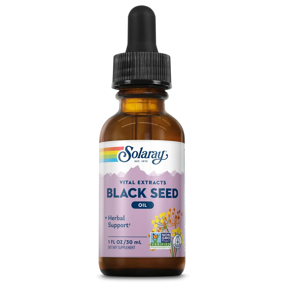SOLARAY huile de nigelle flacon en gros plan pour beauté cheveux et éclat de la peau.