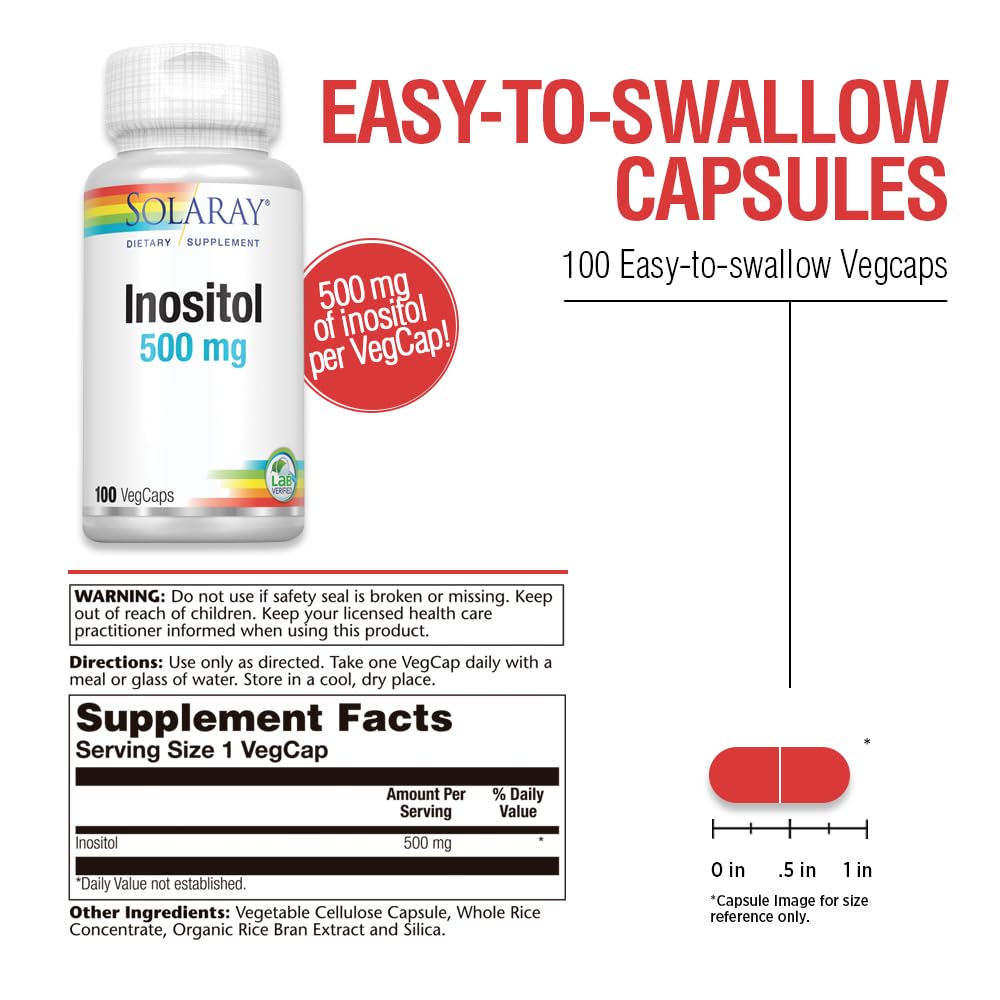 SOLARAY Inositol 500 mg, capsules en gros plan, convient à une routine végane