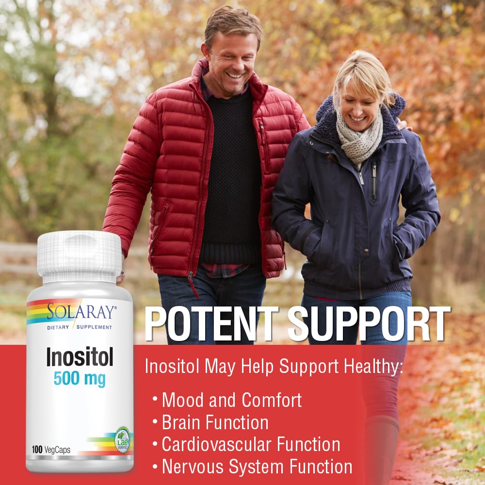 SOLARAY Inositol 500 mg, capsule et étiquette, aligné avec les choix Non-OGM et végane