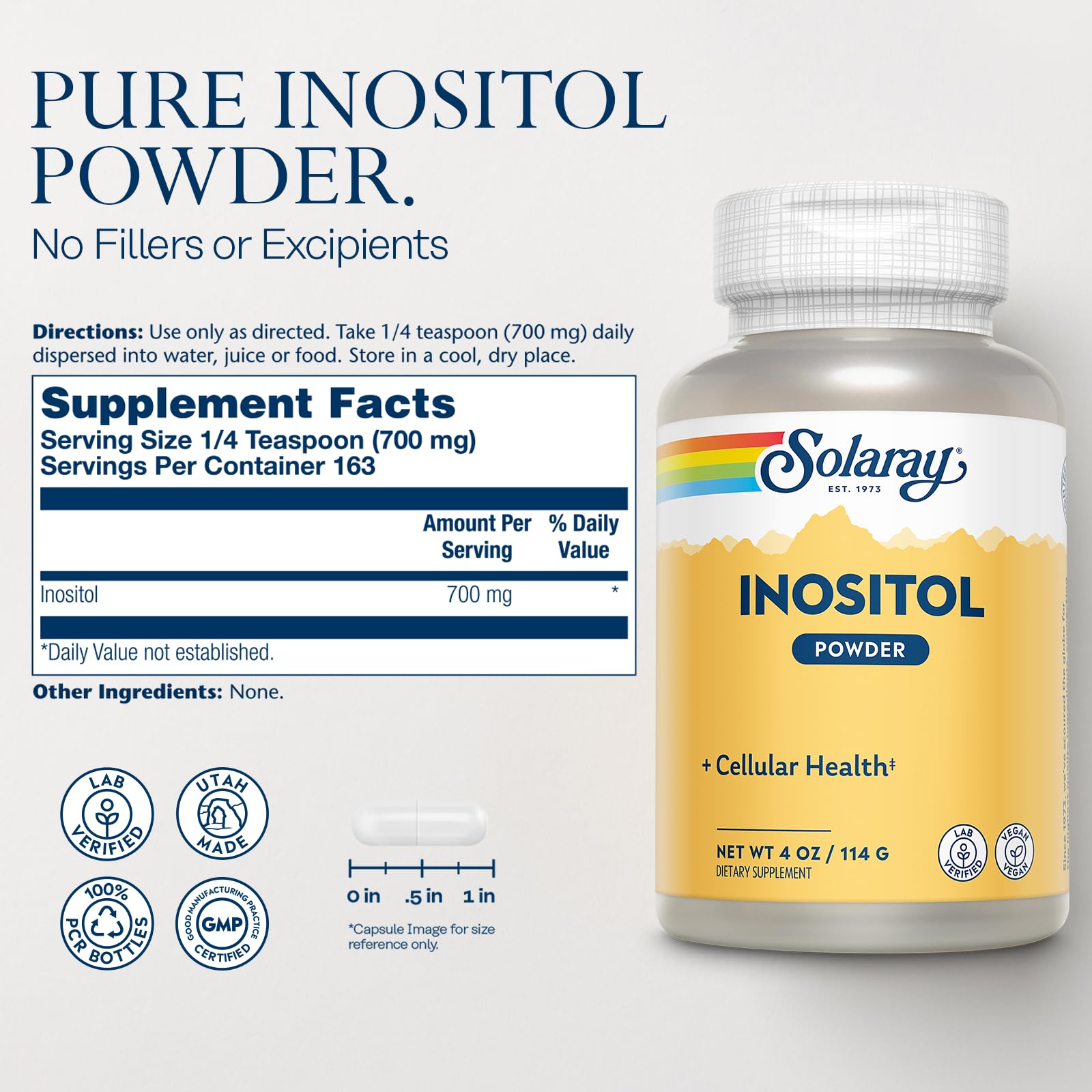 Cuillère-dose SOLARAY Inositol montrant la mesure précise 0,25 caf.