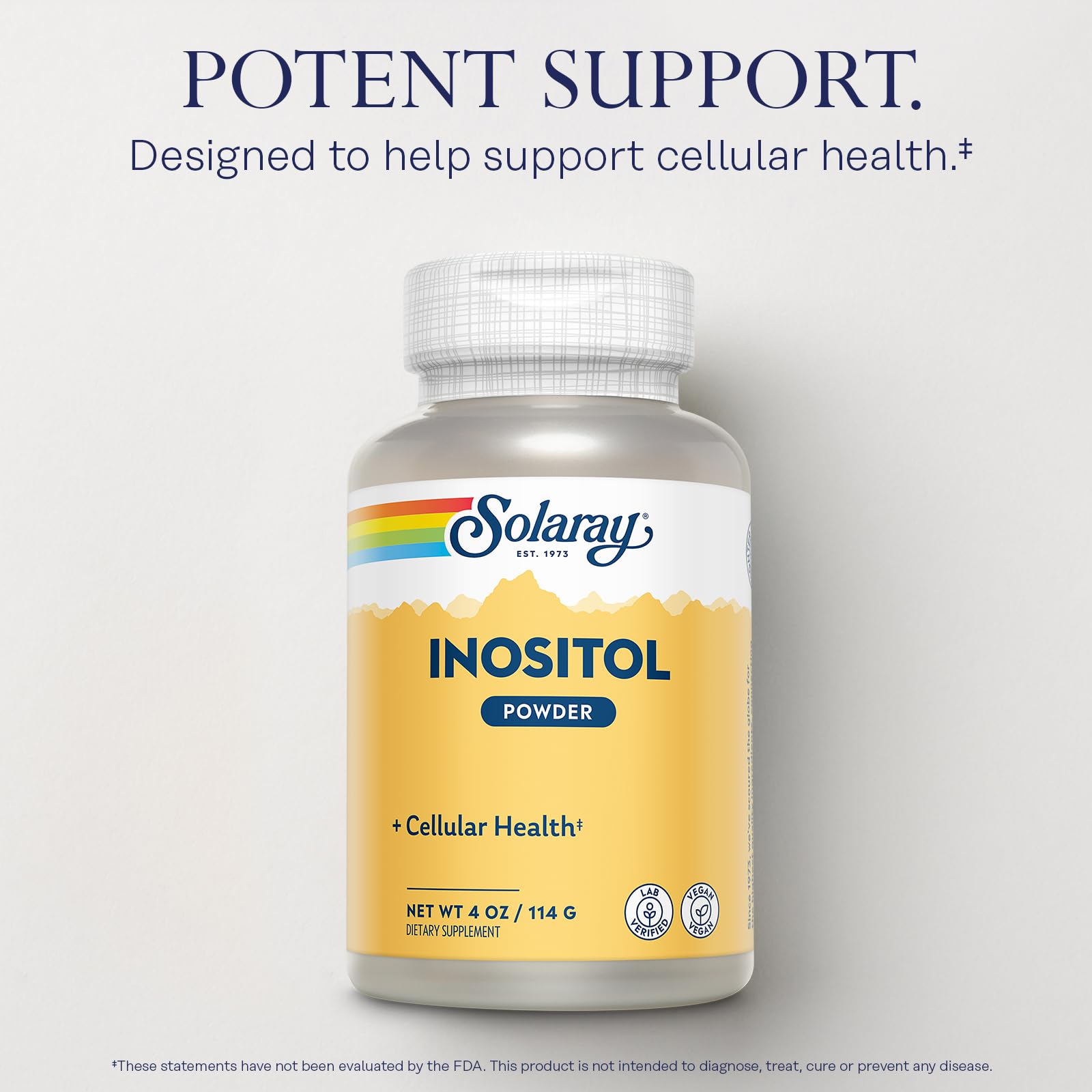 Poudre SOLARAY Inositol se dissolvant rapidement dans l’eau ou le jus.
