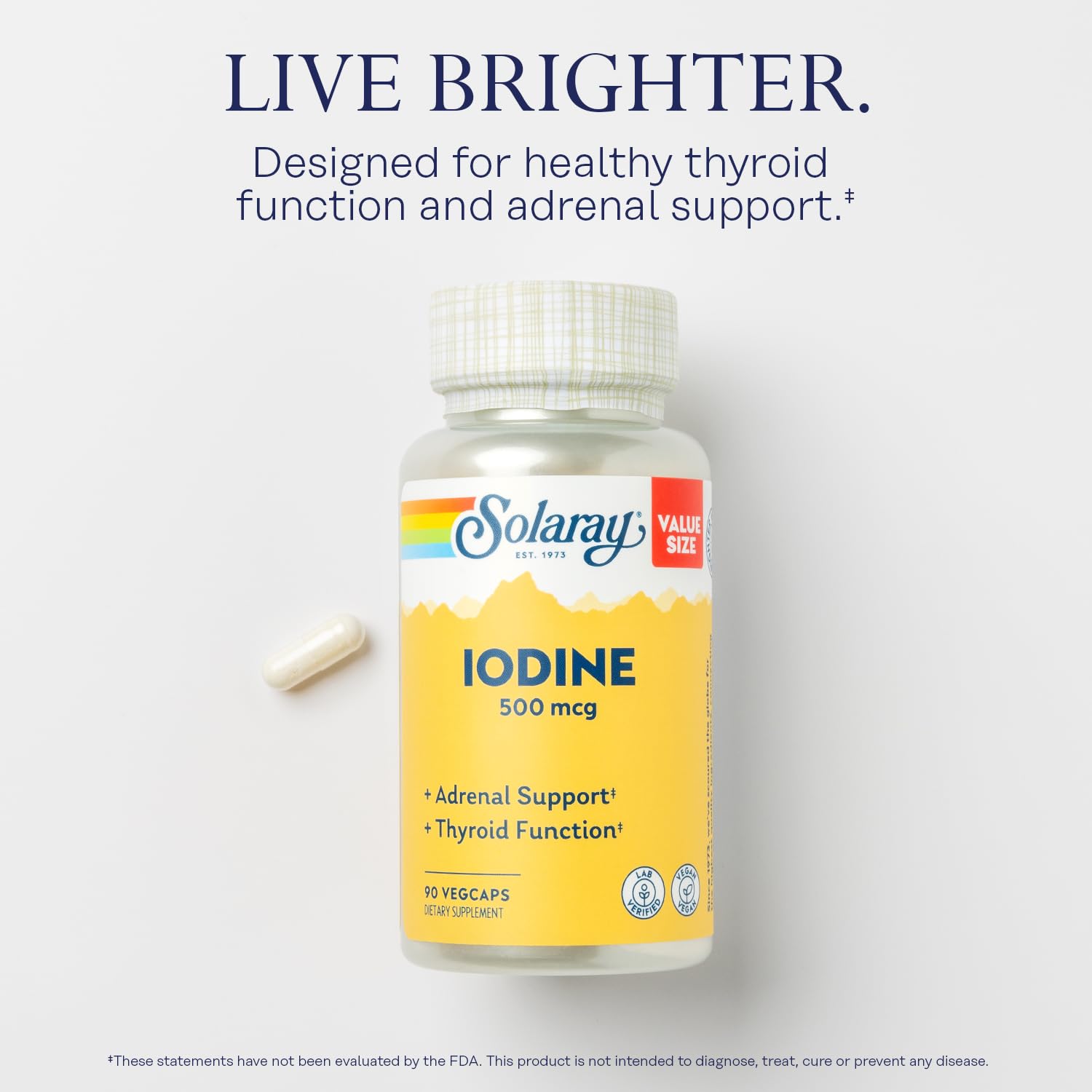 SOLARAY Iode 500 mcg — Étui-carton: emballage clair et durable pour la conservation.