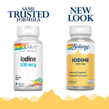 Solaray Iodine 500 mcg – étiquette claire indiquant teneur et usages potentiels.