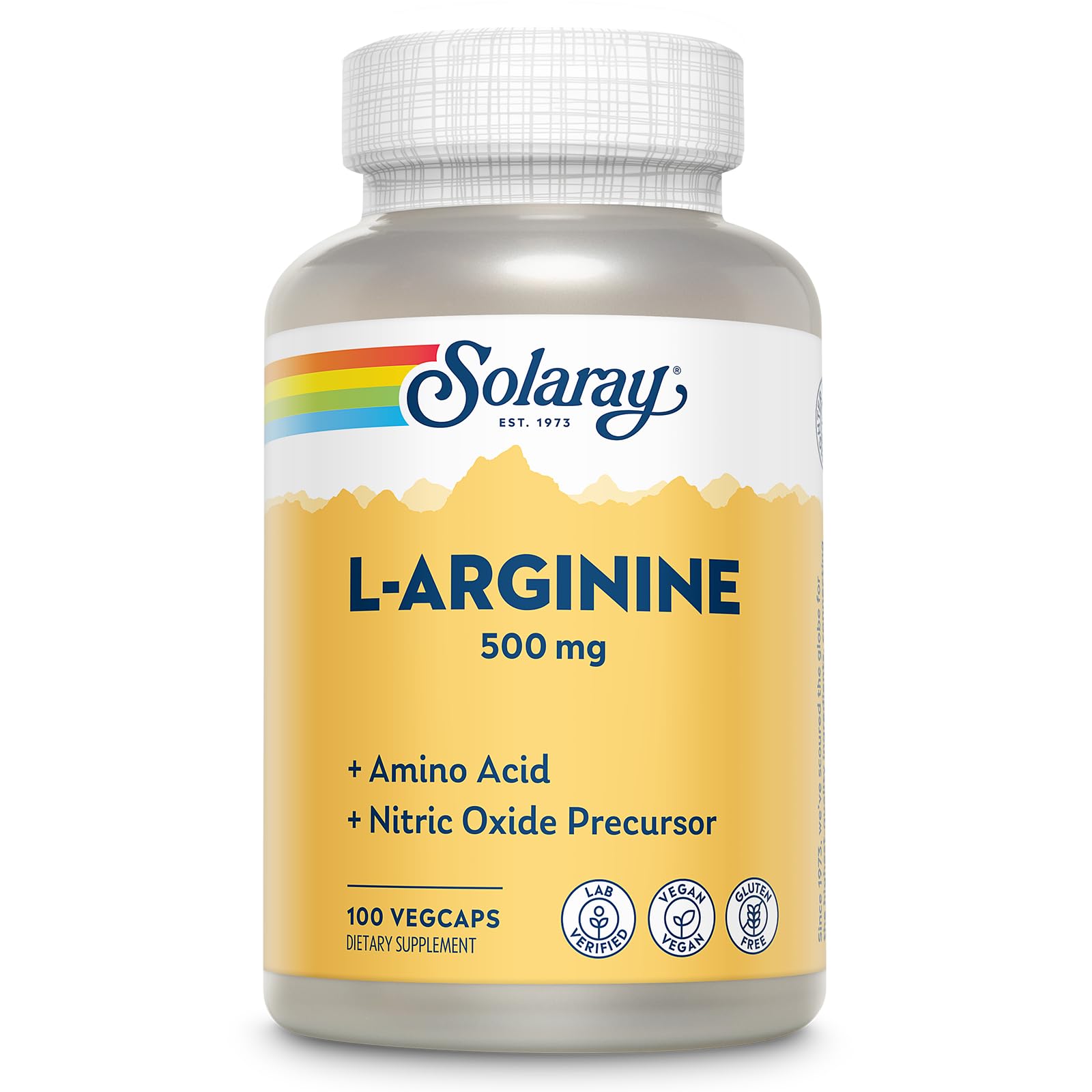 SOLARAY L-Arginine 500 mg – bouteille de gélules végétales prête pour l'entraînement.