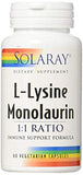 Flacon Solaray L-Lysine Monolaurin, capsules faciles à prendre en usage quotidien.