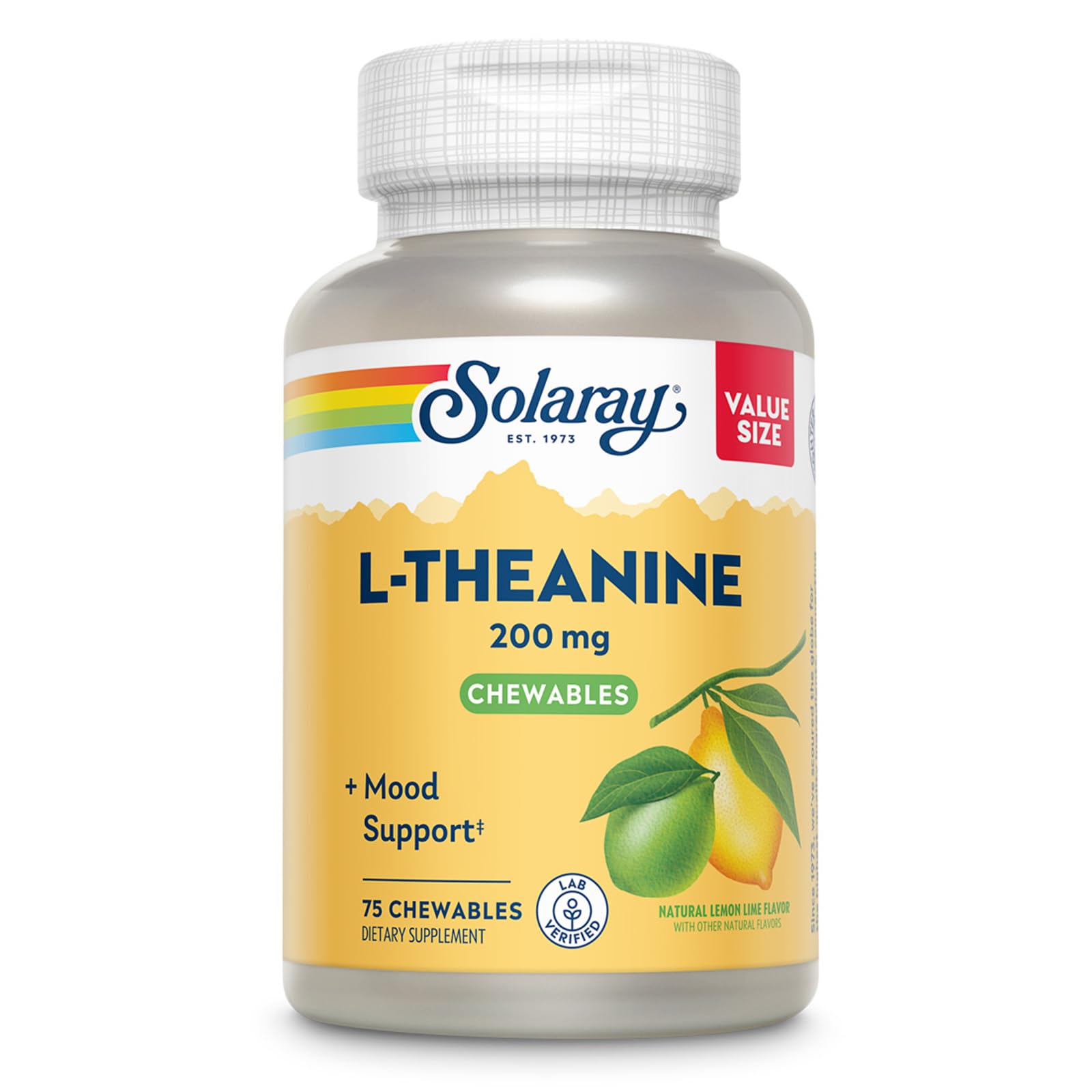 SOLARAY L-Theanine 200 mg — emballage recyclé et gommes citron-lime pour des moments plus calmes.