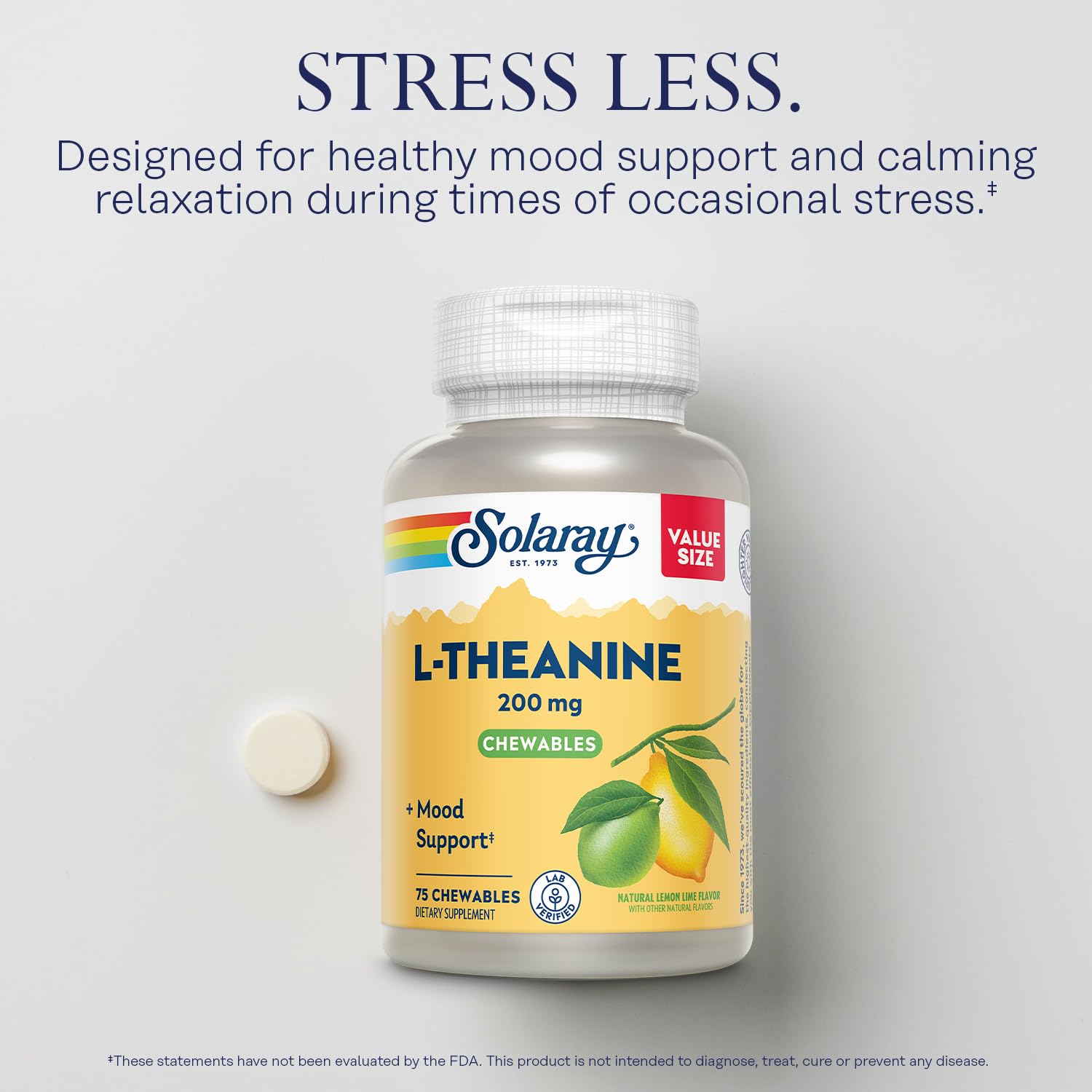 SOLARAY L-Theanine 200 mg — étiquette montrant les tests en laboratoire et la qualité.