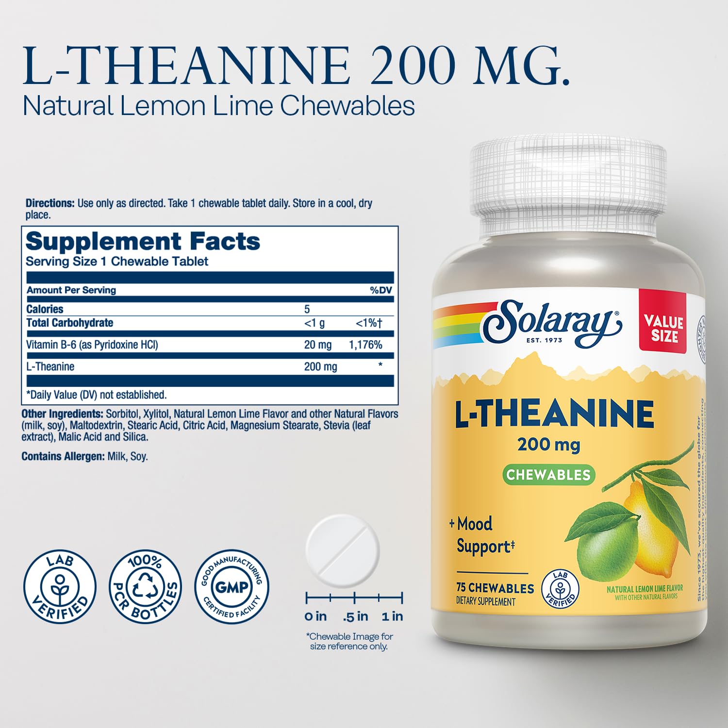 SOLARAY L-Theanine 200 mg — gommes citron-lime, goût frais pour une pause détente.