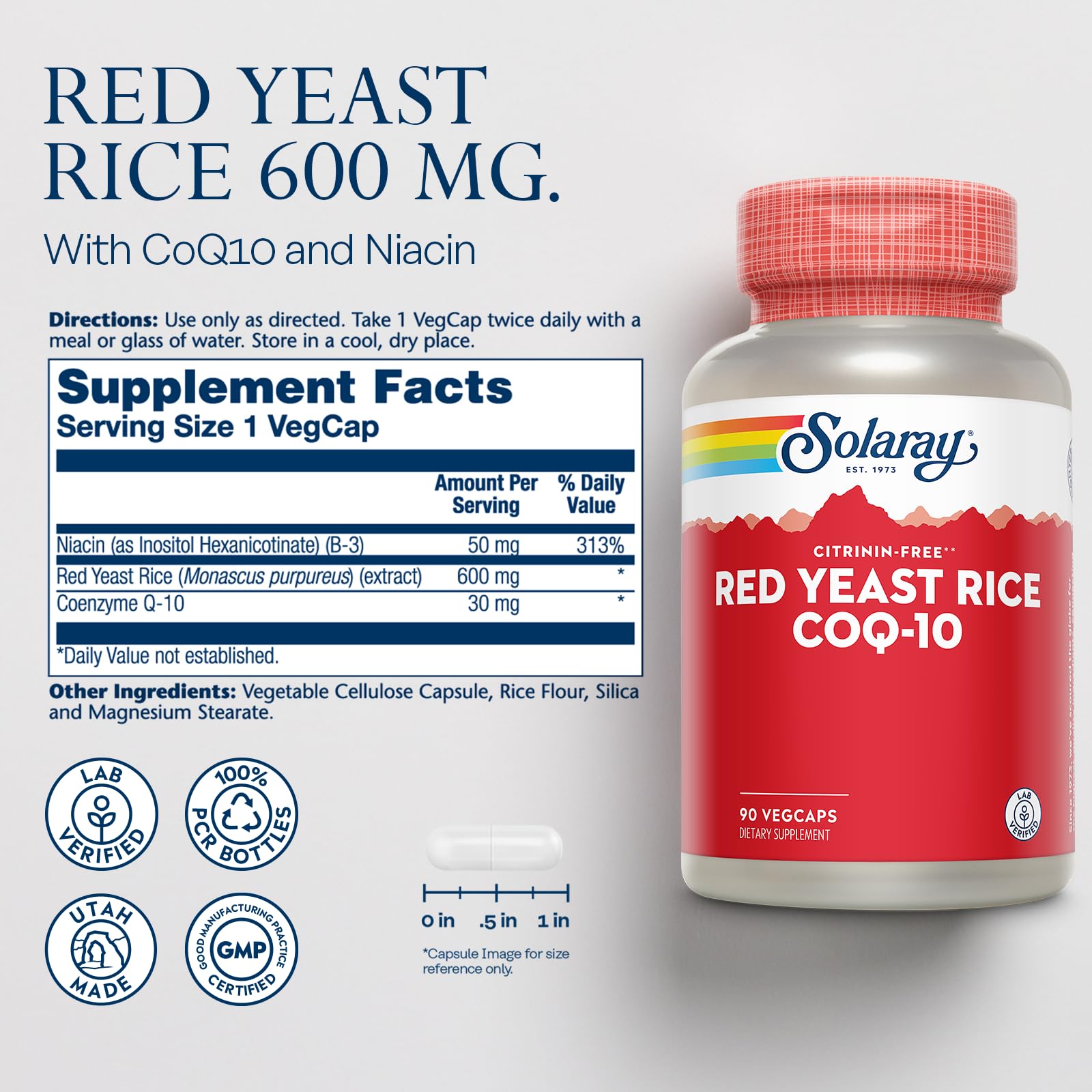SOLARAY Levure Rouge – étiquette CoQ10 et Niacine sans-flush, avantages cardio.