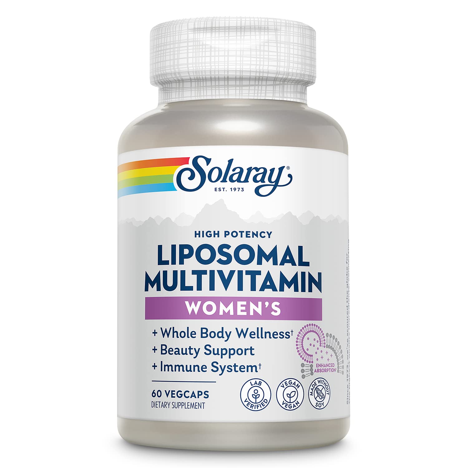 SOLARAY Liposomal Multivitamine pour femmes, flacon et gélules faciles à avaler, soutien nutritionnel quotidien.