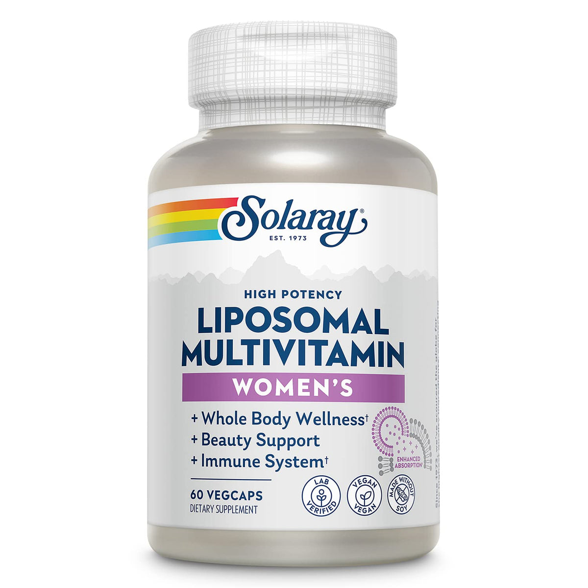 SOLARAY Liposomal Multivitamine pour femmes, flacon et gélules faciles à avaler, soutien nutritionnel quotidien.