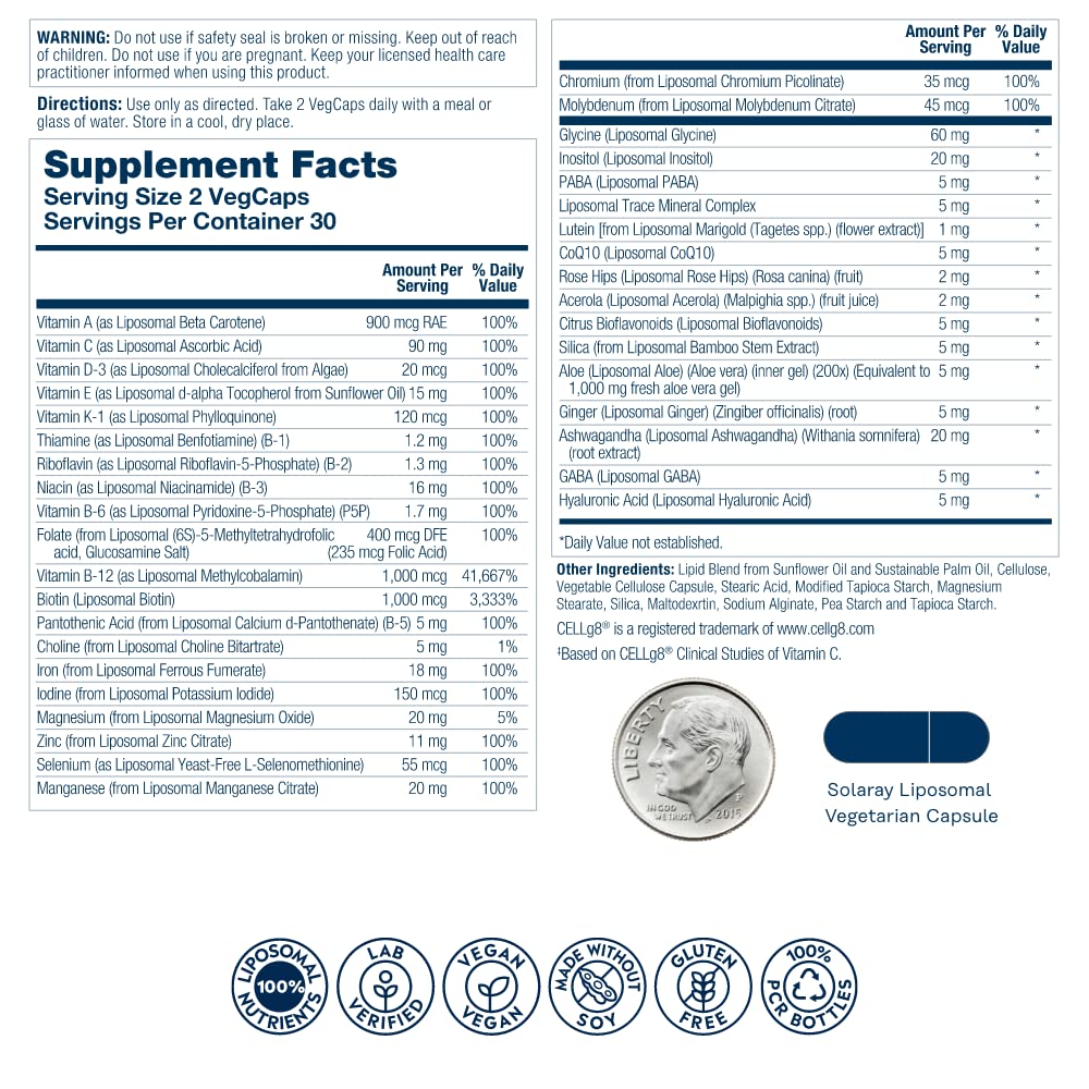 SOLARAY Liposomal Multivitamine pour femmes, gélules liposomales et absorption améliorée pour l énergie.