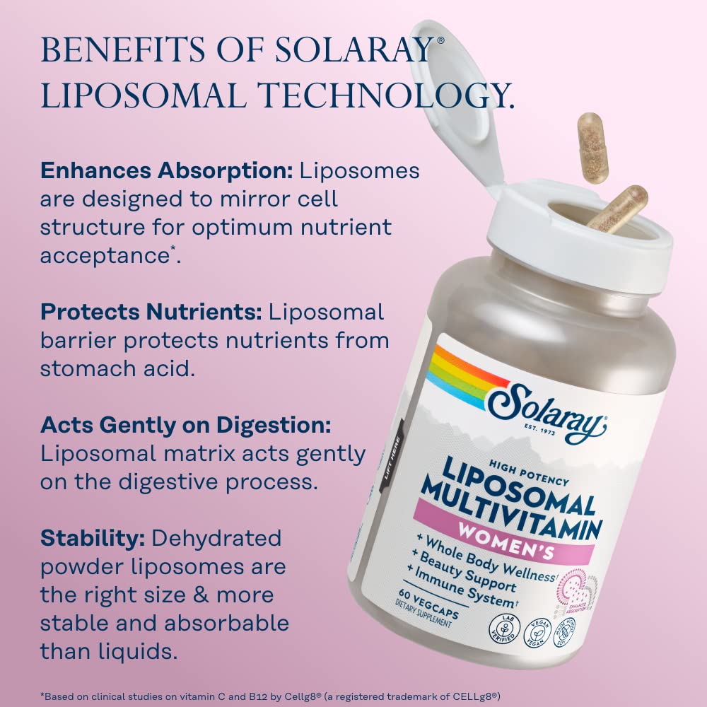 SOLARAY Liposomal Multivitamine pour femmes, ingrédients détaillés et nutriments liposomaux.