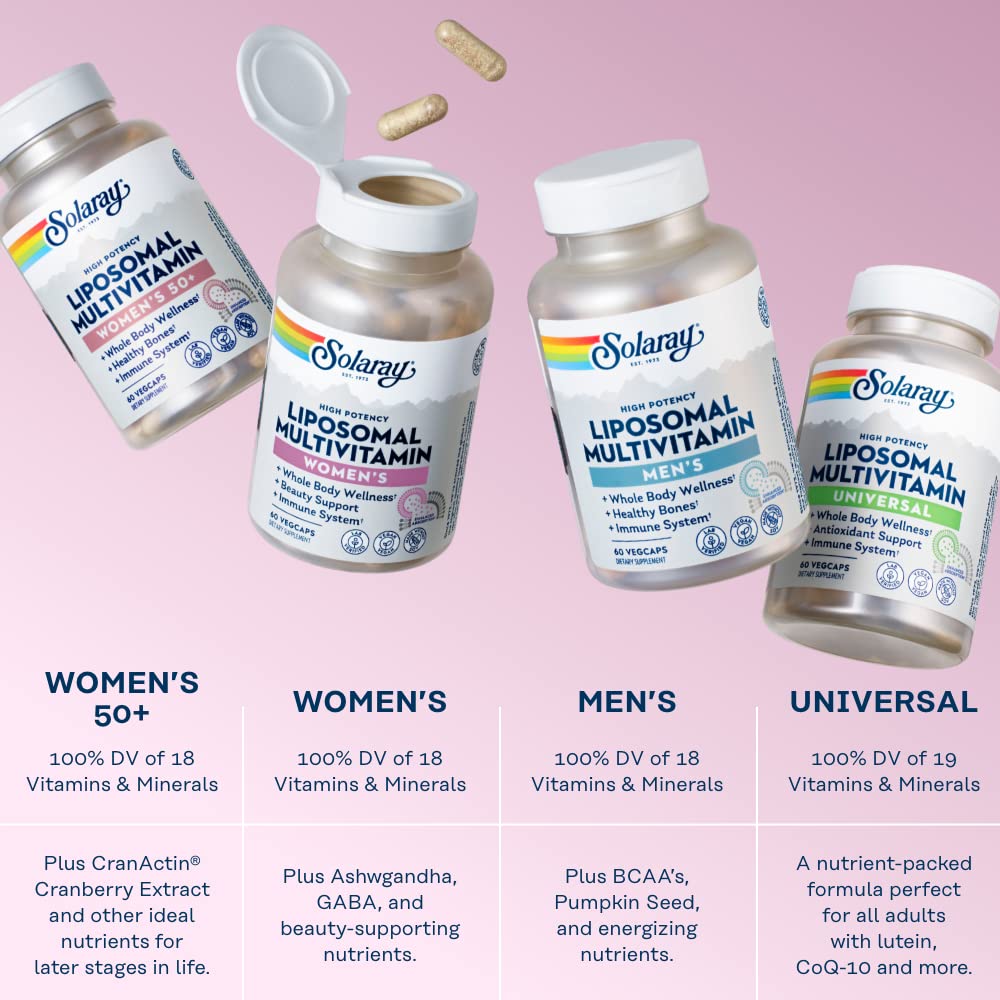 SOLARAY Liposomal Multivitamine pour femmes, version végane sans gluten ni soja.