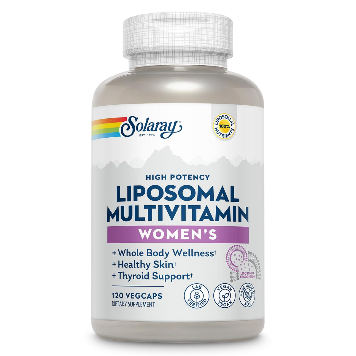 SOLARAY multivitamine liposomale pour femmes, bouteille visible, absorption potentielle améliorée.