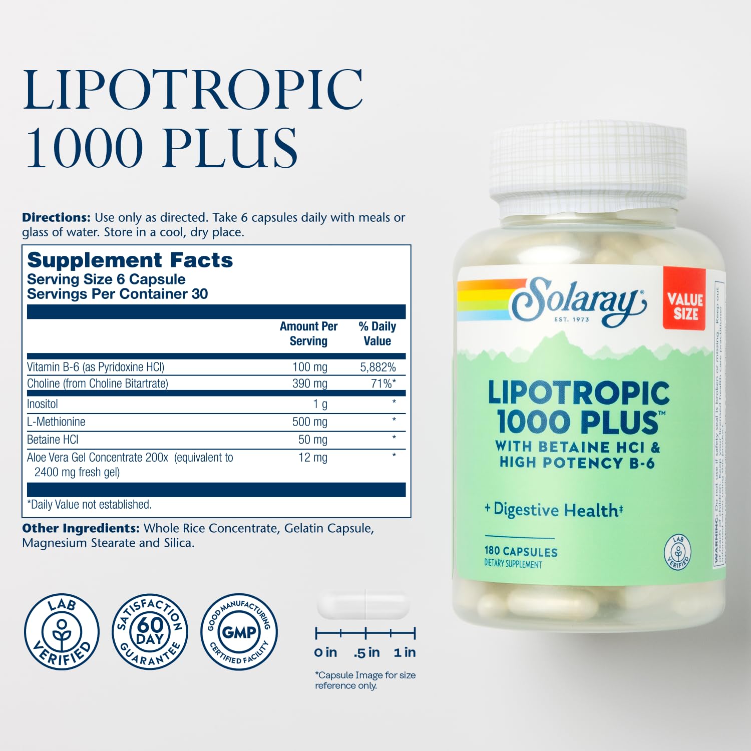 SOLARAY Lipotropic 1000 Plus – capsules faciles à prendre pour soutenir le métabolisme des graisses.
