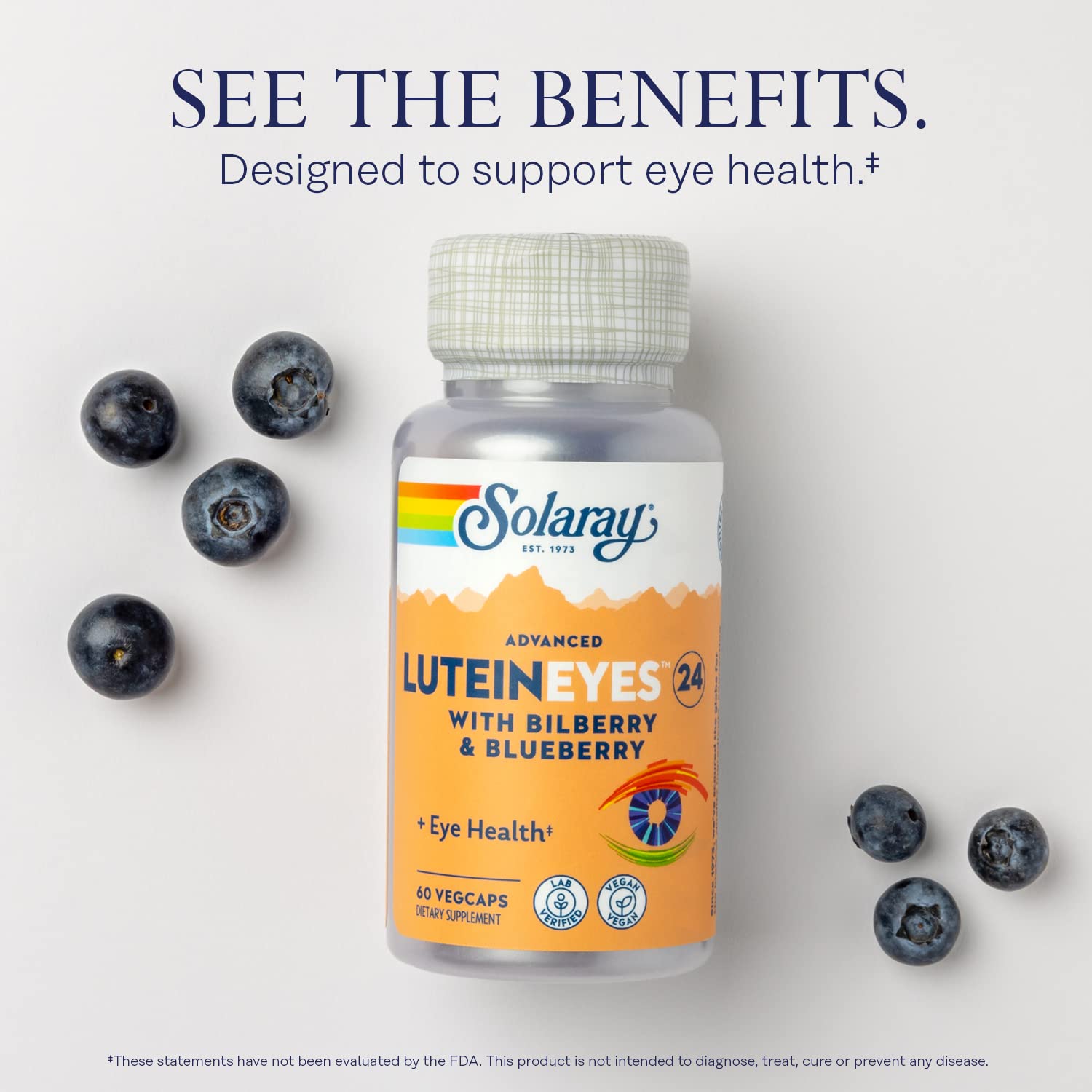 SOLARAY Lutéine Yeux Avancée – Mélange Épinard, Myrtille et Romarin pour le soutien visuel.