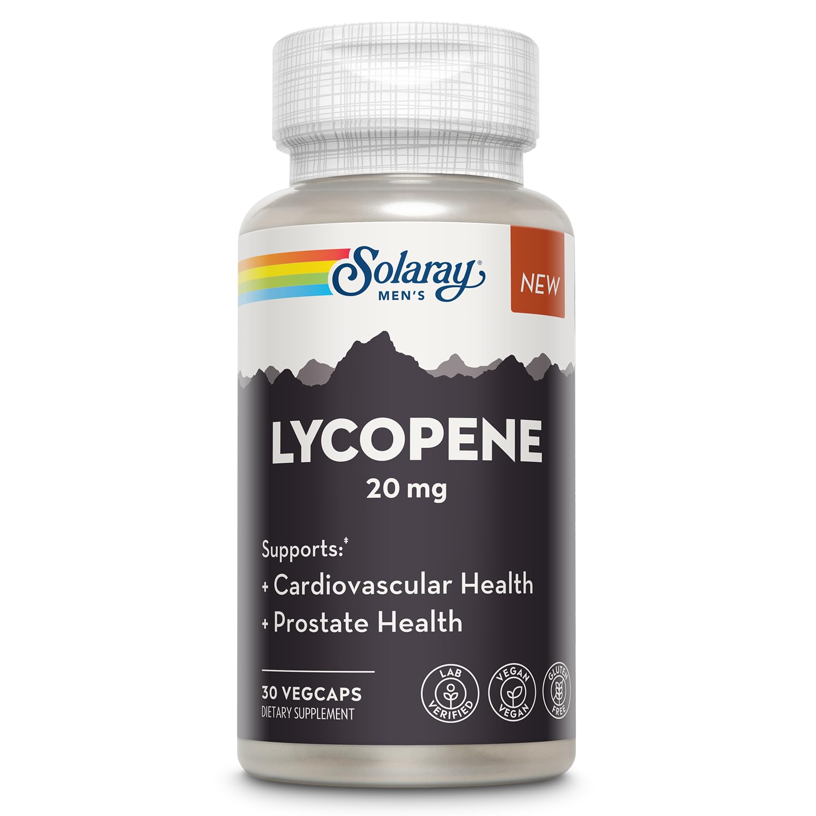 SOLARAY Lycopène 20 mg – Bouteille visible, soutien potentiel cœur et prostate.