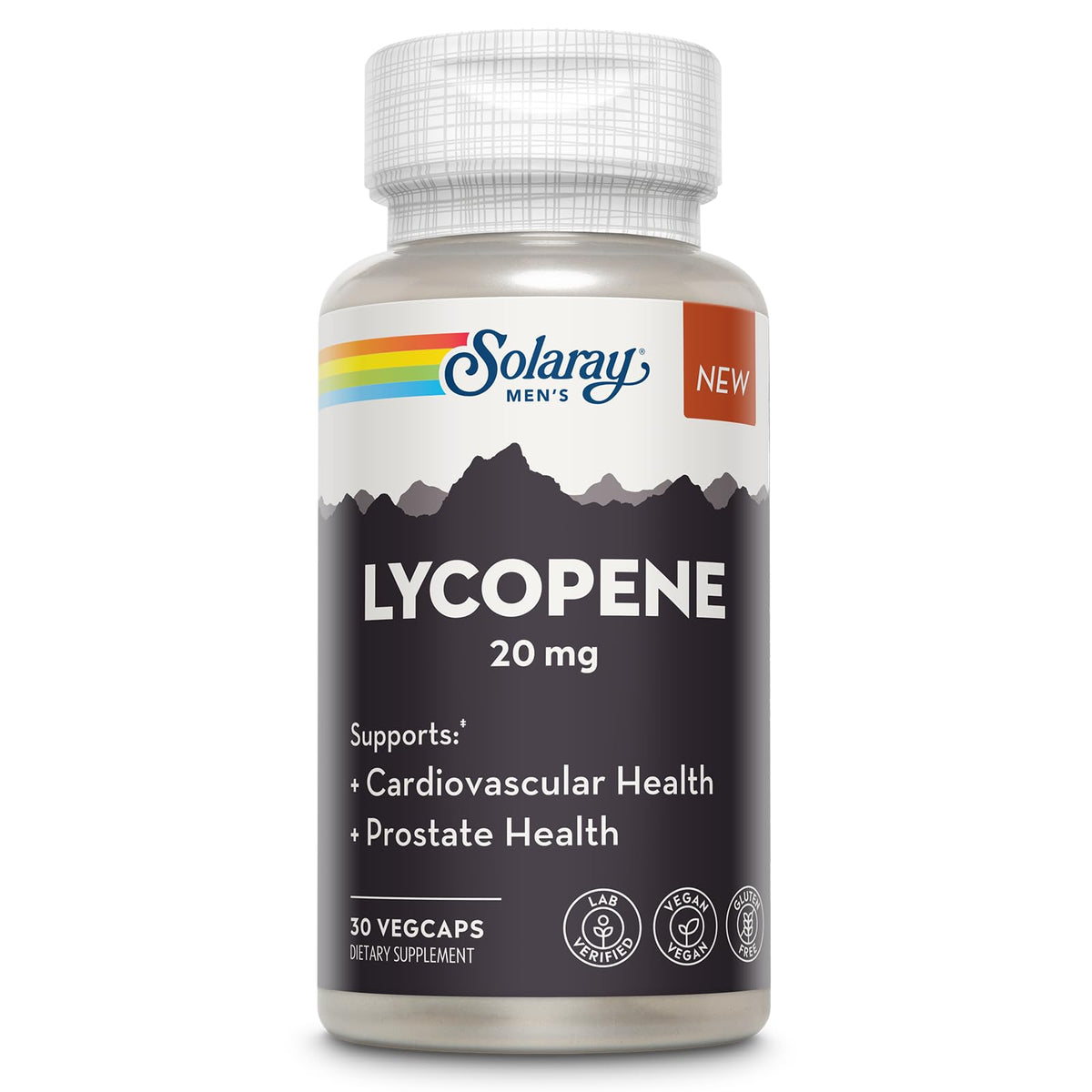 SOLARAY Lycopène 20 mg – Bouteille visible, soutien potentiel cœur et prostate.