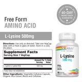 SOLARAY L-Lysine 500 mg capsules végétales adaptées aux régimes végétariens.