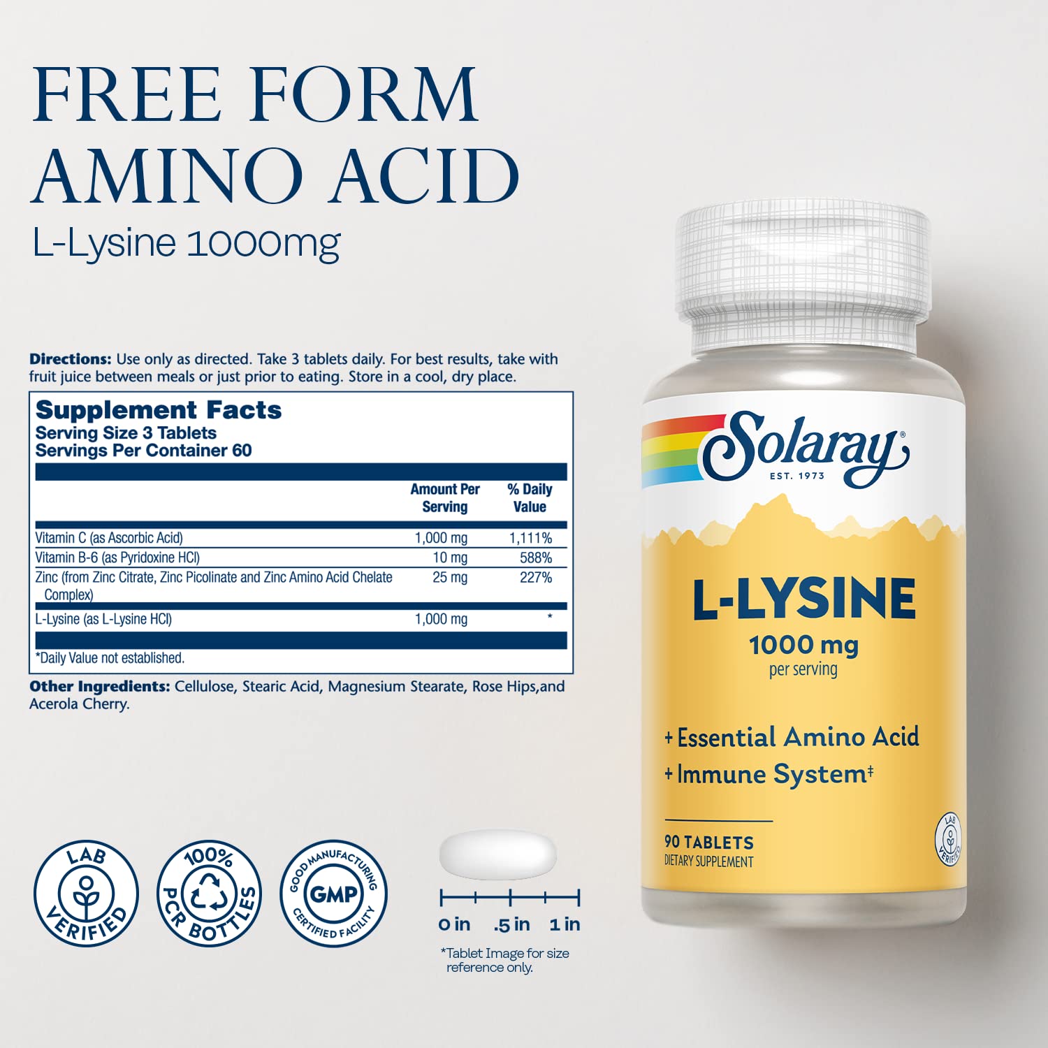 SOLARAY L Lysine – Bouteille fermée, stockage pratique et sûr.