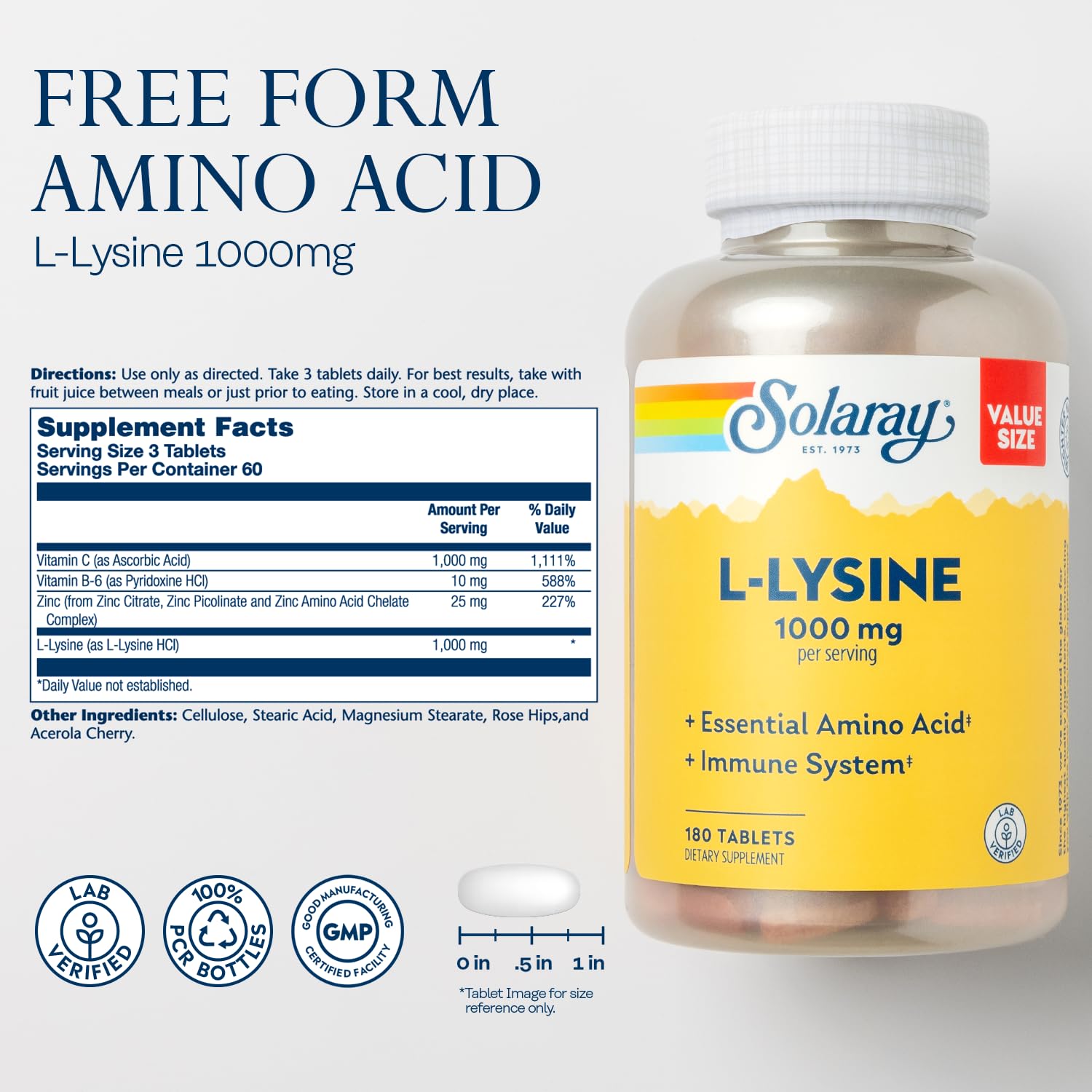 Étiquette SOLARAY L-Lysine vérifiée en laboratoire pour la traçabilité