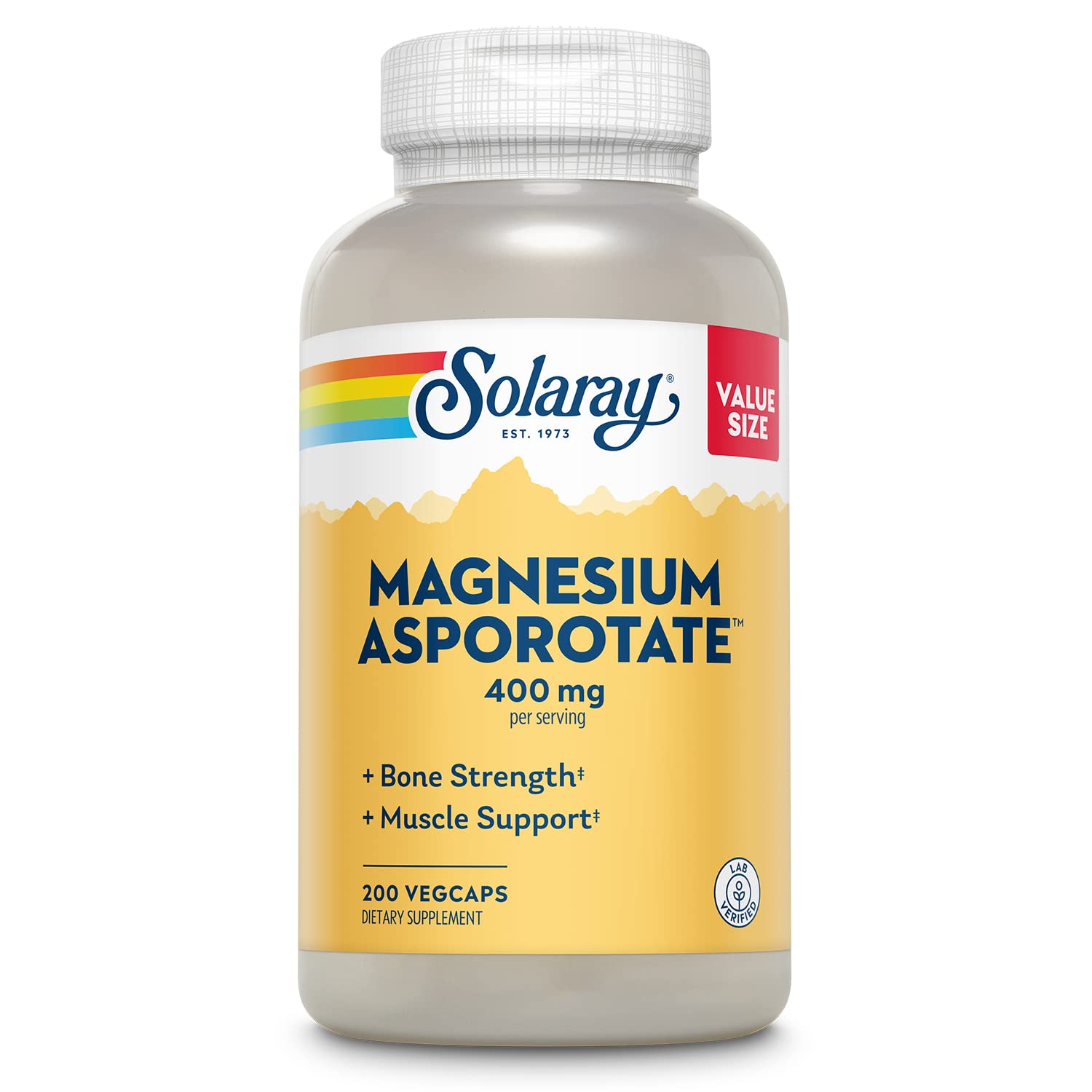 SOLARAY Magnésium Asporotate 400 mg – bouteille et capsules, absorption améliorée.