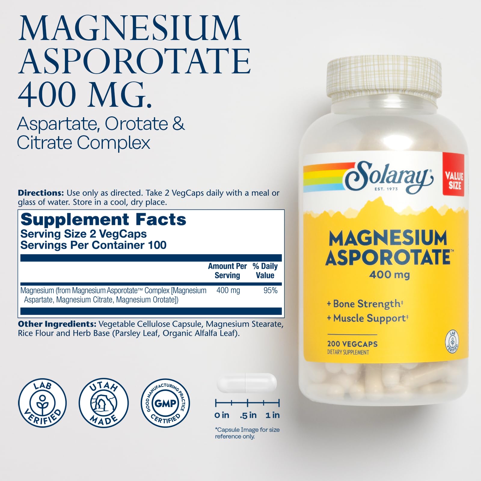 SOLARAY Magnésium Asporotate 400 mg – gélules faciles et soutien musculaire potentiel.