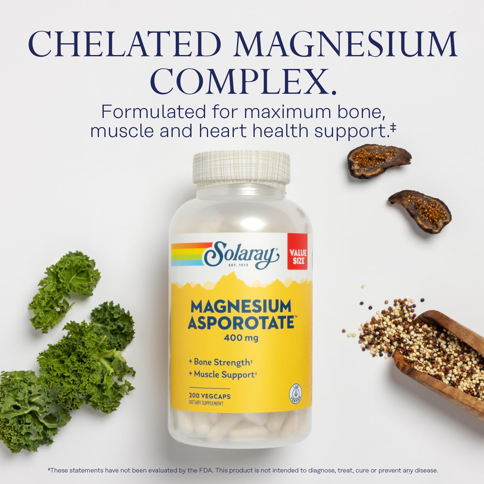 SOLARAY Magnésium Asporotate 400 mg – étiquette claire et base nutritive.