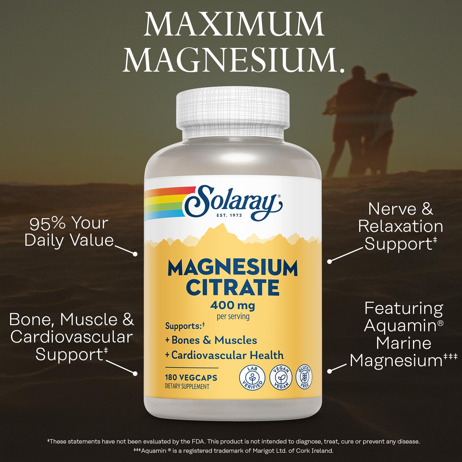SOLARAY Magnésium Citrate 400 mg – étiquette claire et dosage fiable pour votre routine.