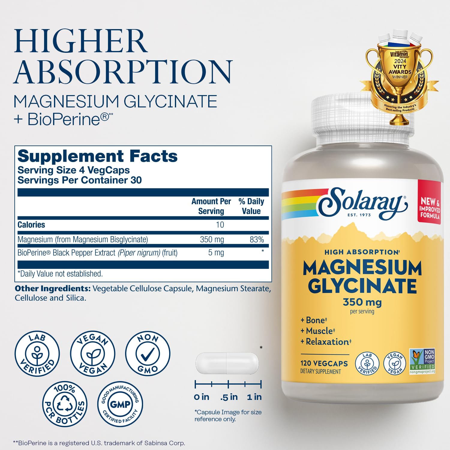 SOLARAY Magnésium Glycinate flacon montrant l’absorption élevée possible.