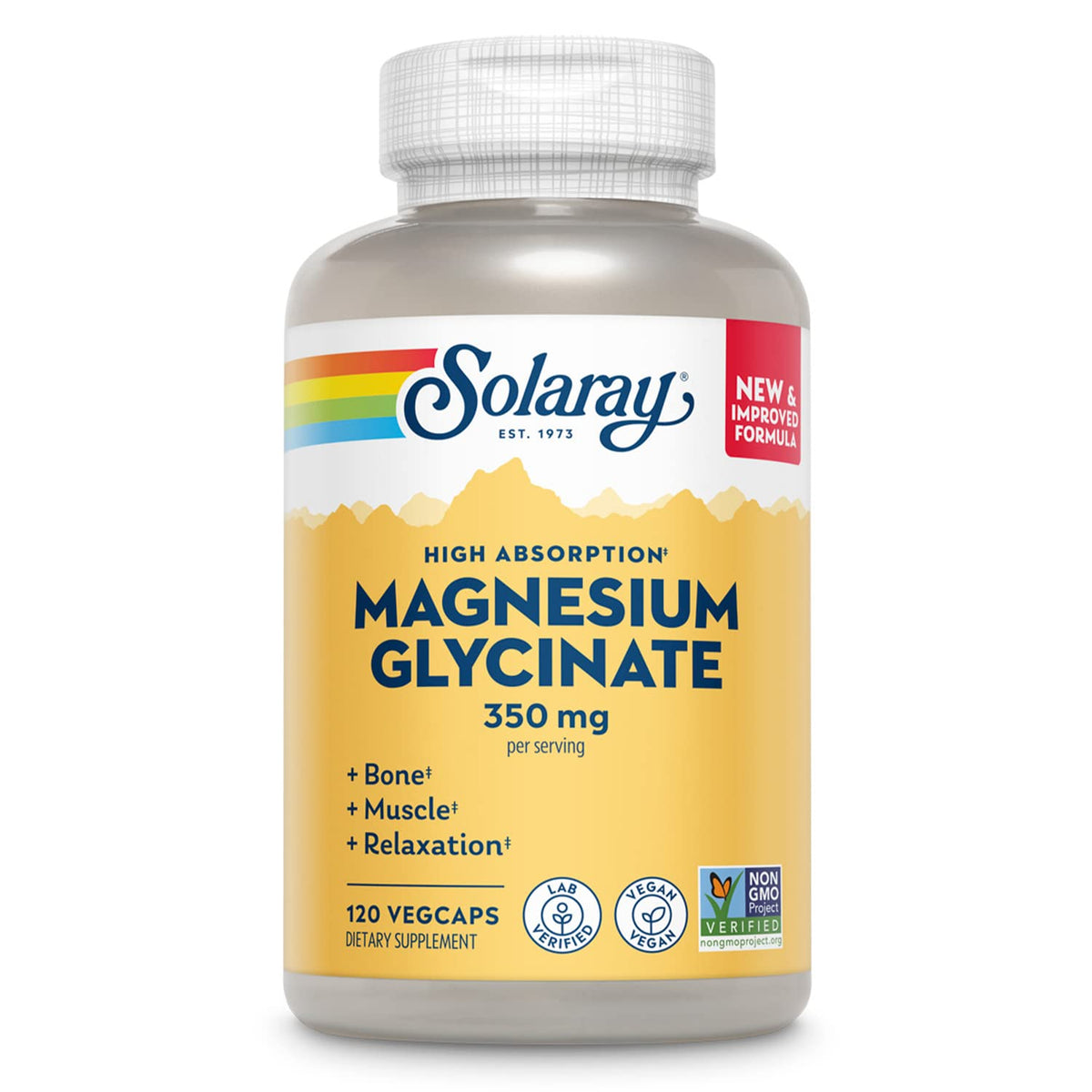 SOLARAY Magnésium Glycinate capsules dans une bouteille, soutien muscles et énergie.