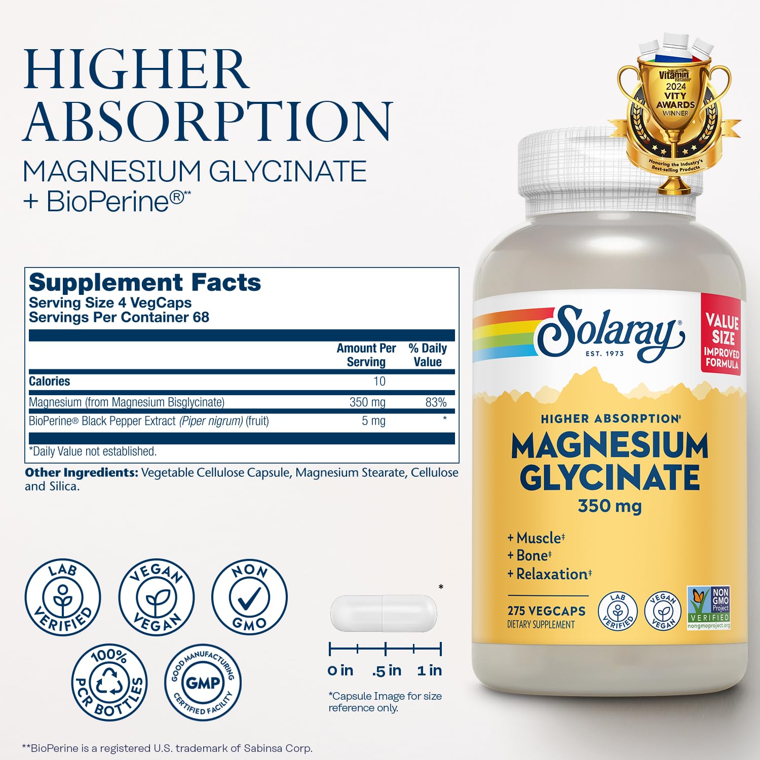 SOLARAY Magnésium Glycinate sur l'étiquette, indiquant BioPerine pour meilleure absorption.