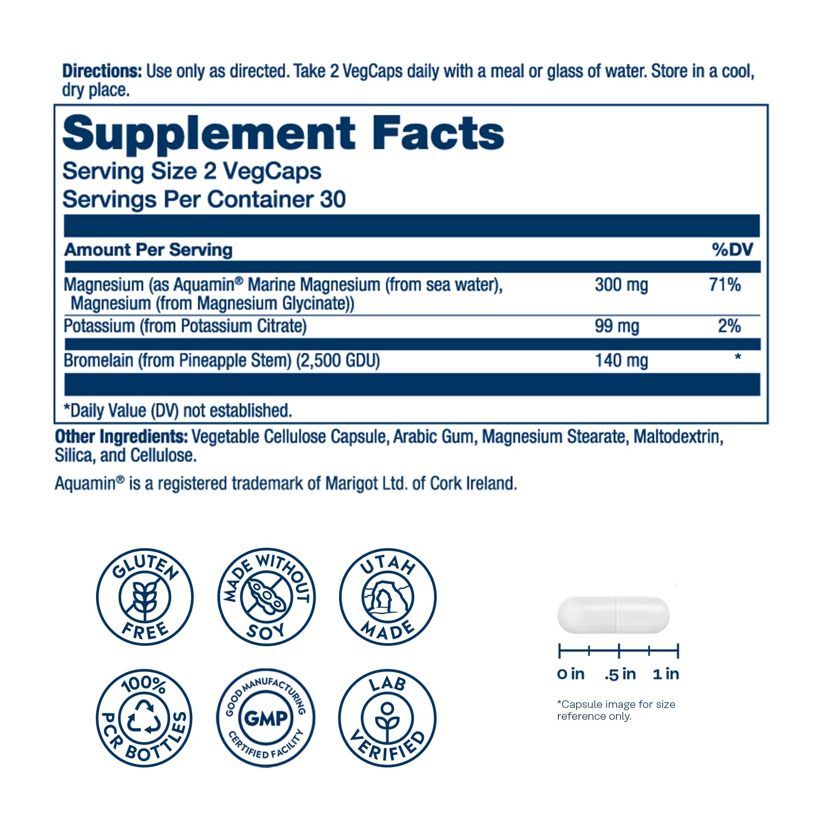 Solaray Magnesium Potassium Bromélaïne – étiquette lisible facilitant les prises quotidiennes.