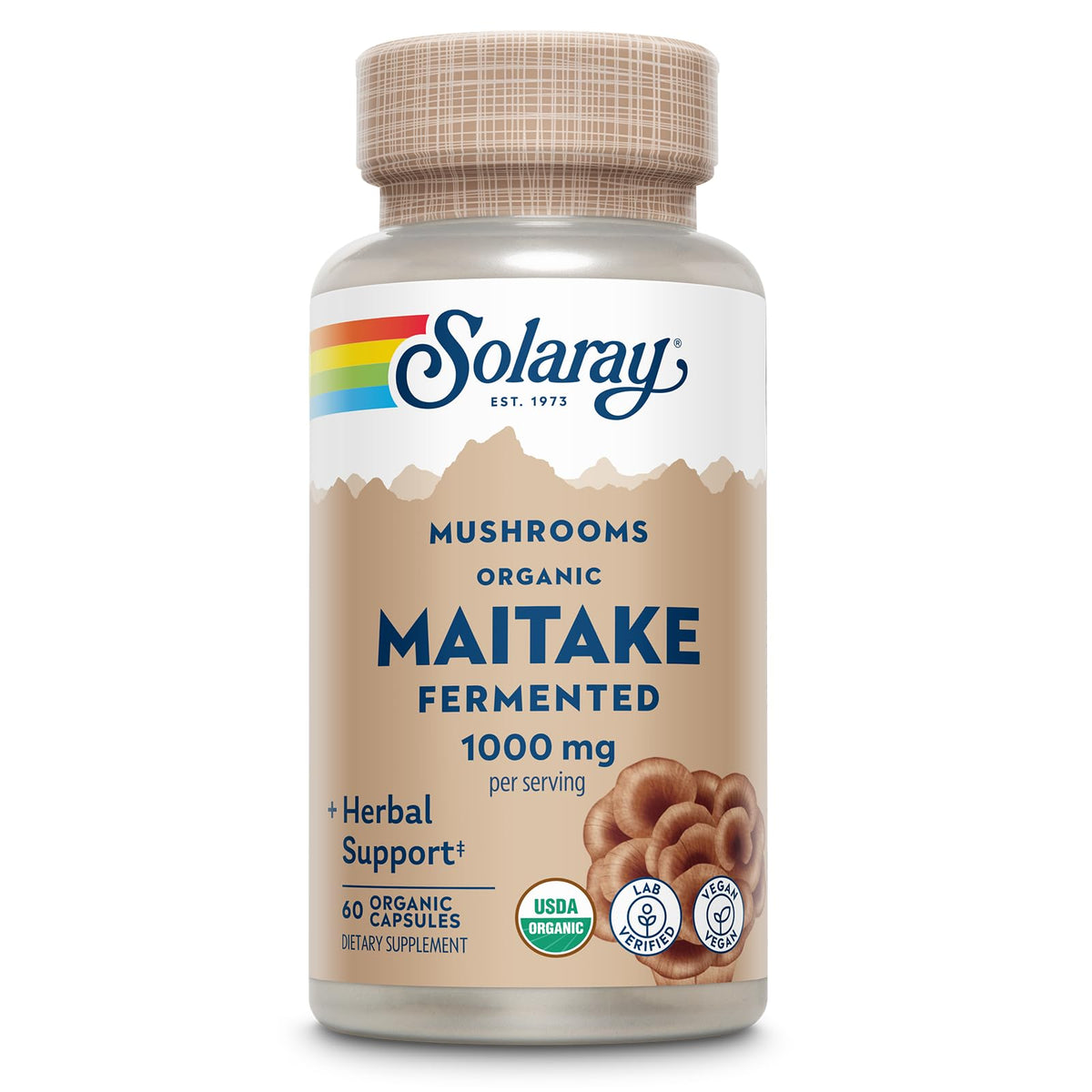 SOLARAY Maitake: bouteille et étiquette claires pour identifier le produit facilement.